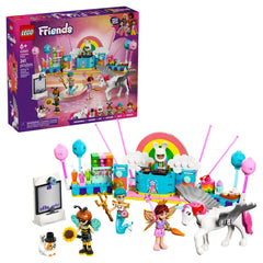 Colorful LEGO® Friends set featuring a vibrant party scene with four minidolls, a unicorn, and a DJ booth, complete with balloons and accessories.