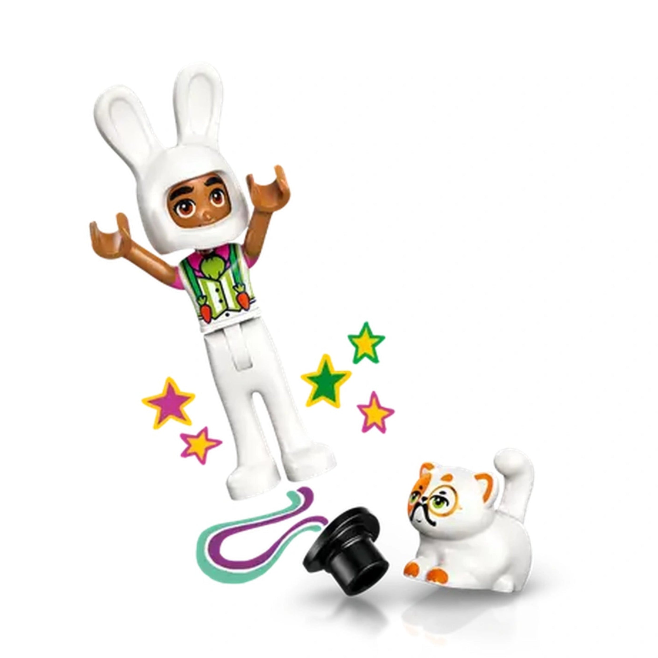 LEGO Friends character dressed as a bunny, joyfully raising arms amidst colorful stars, with a playful white cat and a magician's hat nearby.