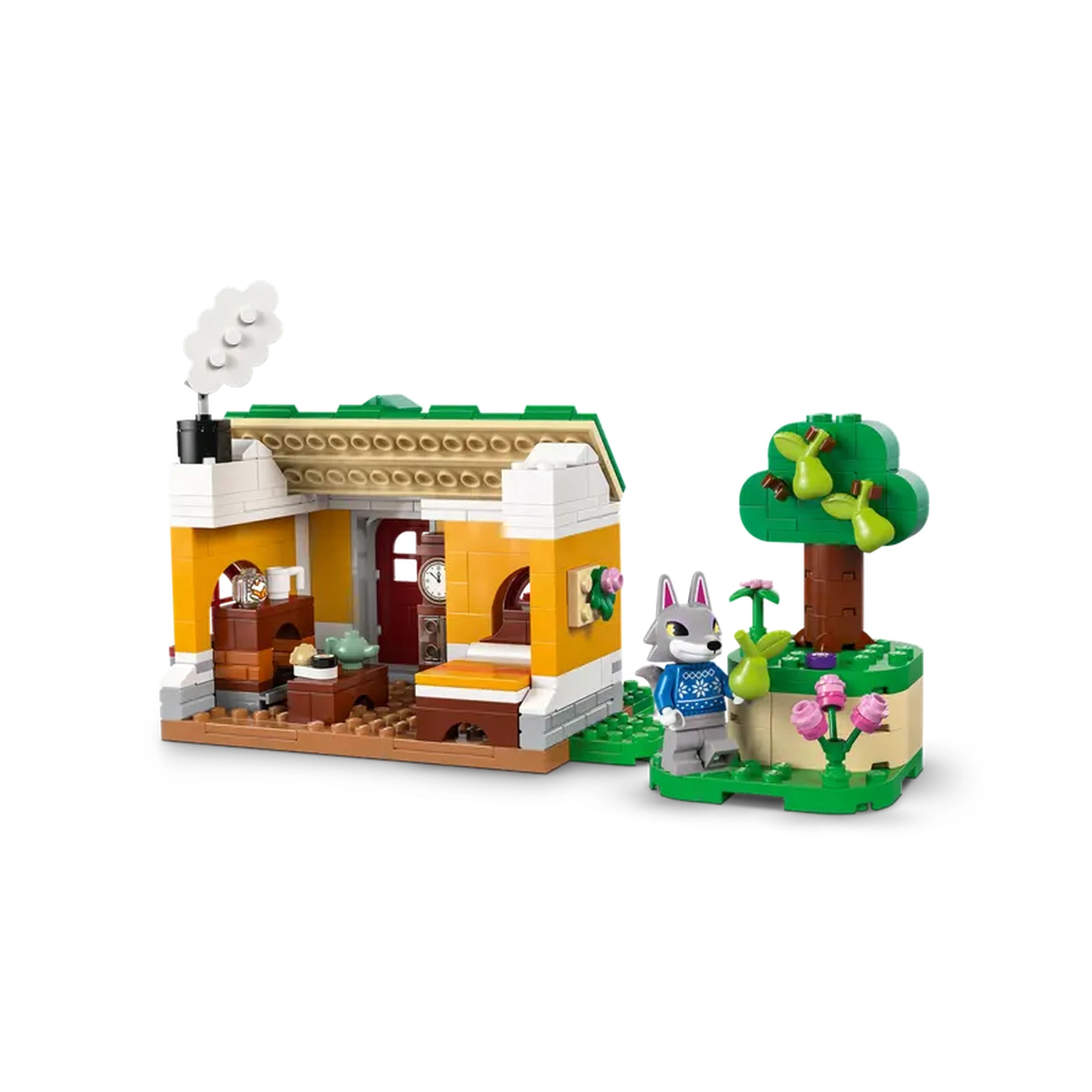 Colorful LEGO Creative Houses set featuring a cozy house with a decorative chimney, a wooden interior, and a charming animal figure beside a green tree and flowers.