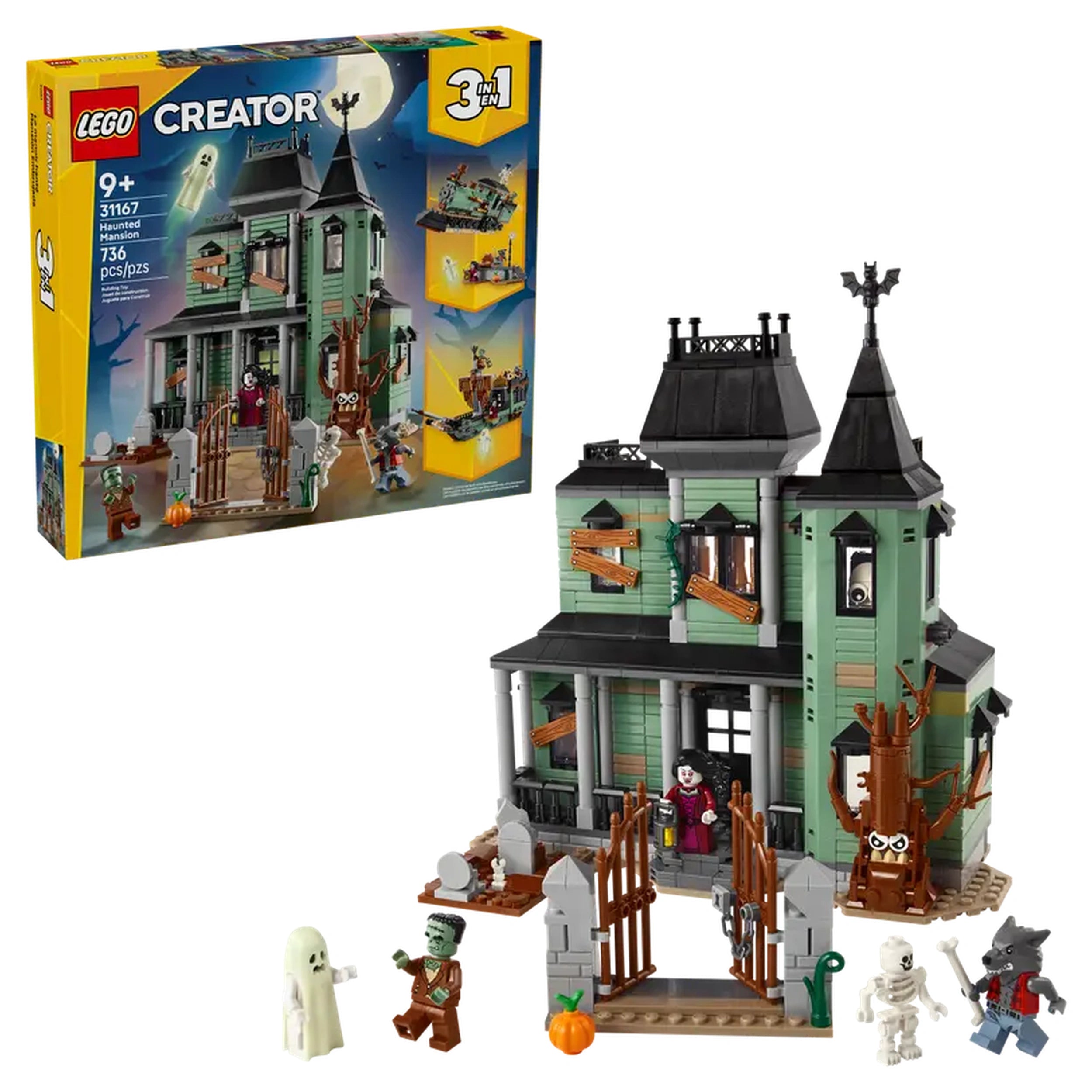LEGO Creator 3in1 Haunted Mansion set featuring a spooky green house with ghostly figures, graveyard, and detailed accessories.