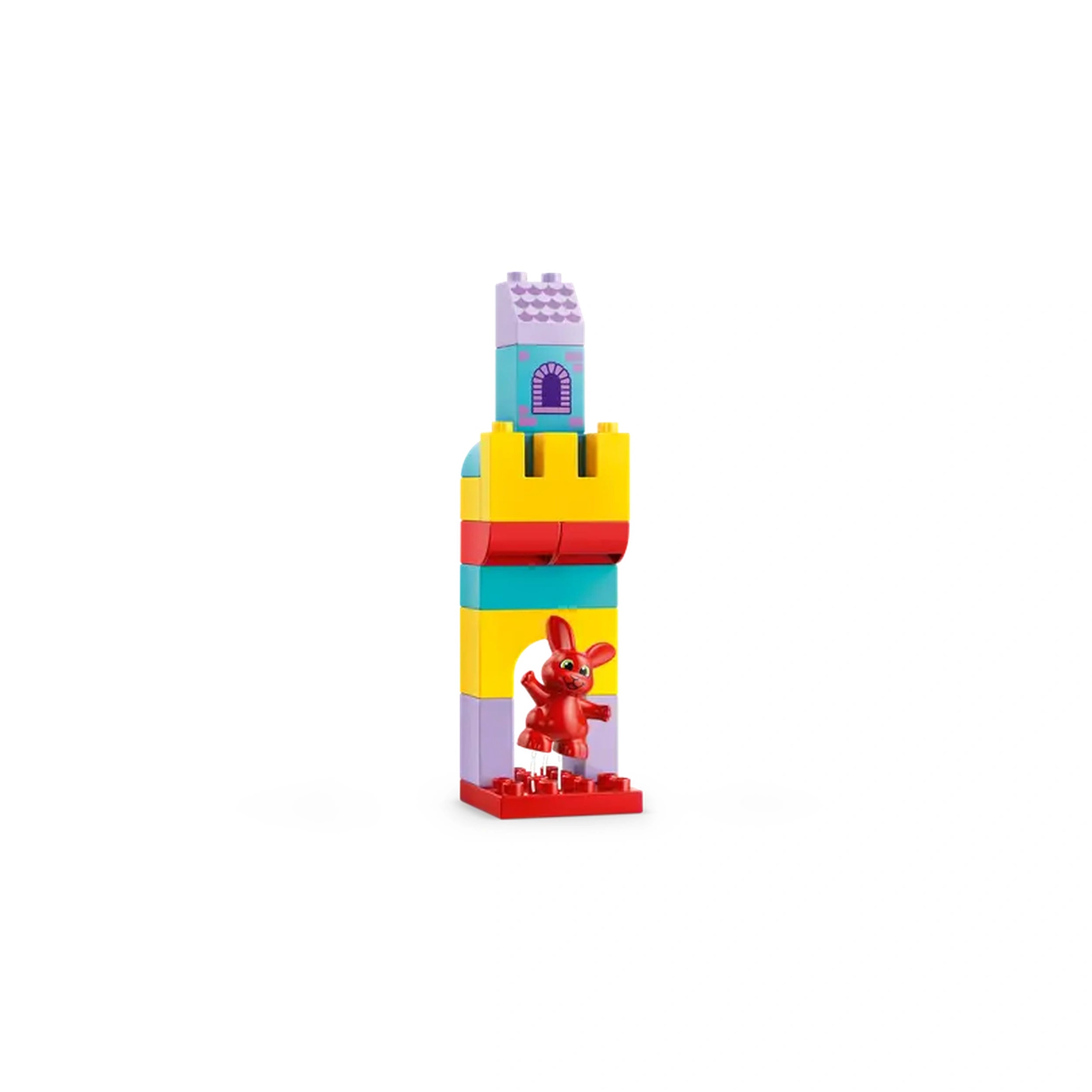 Colorful DUPLO castle featuring a red rabbit figure at its base, designed for interactive educational play.
