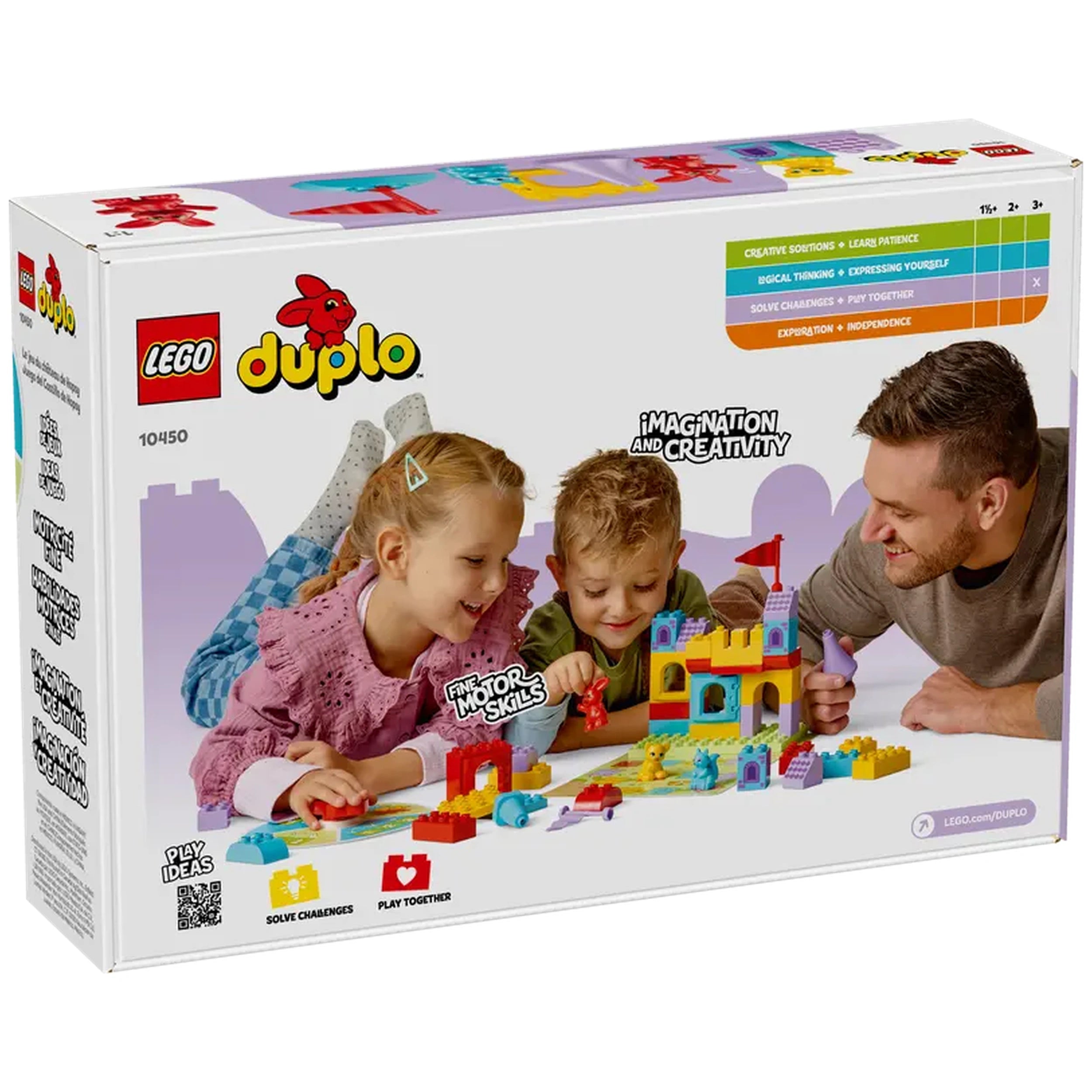 Two children and an adult joyfully play with the LEGO® DUPLO® Hopsy’s Castle Game on a colorful play mat, building a vibrant castle together with animals.