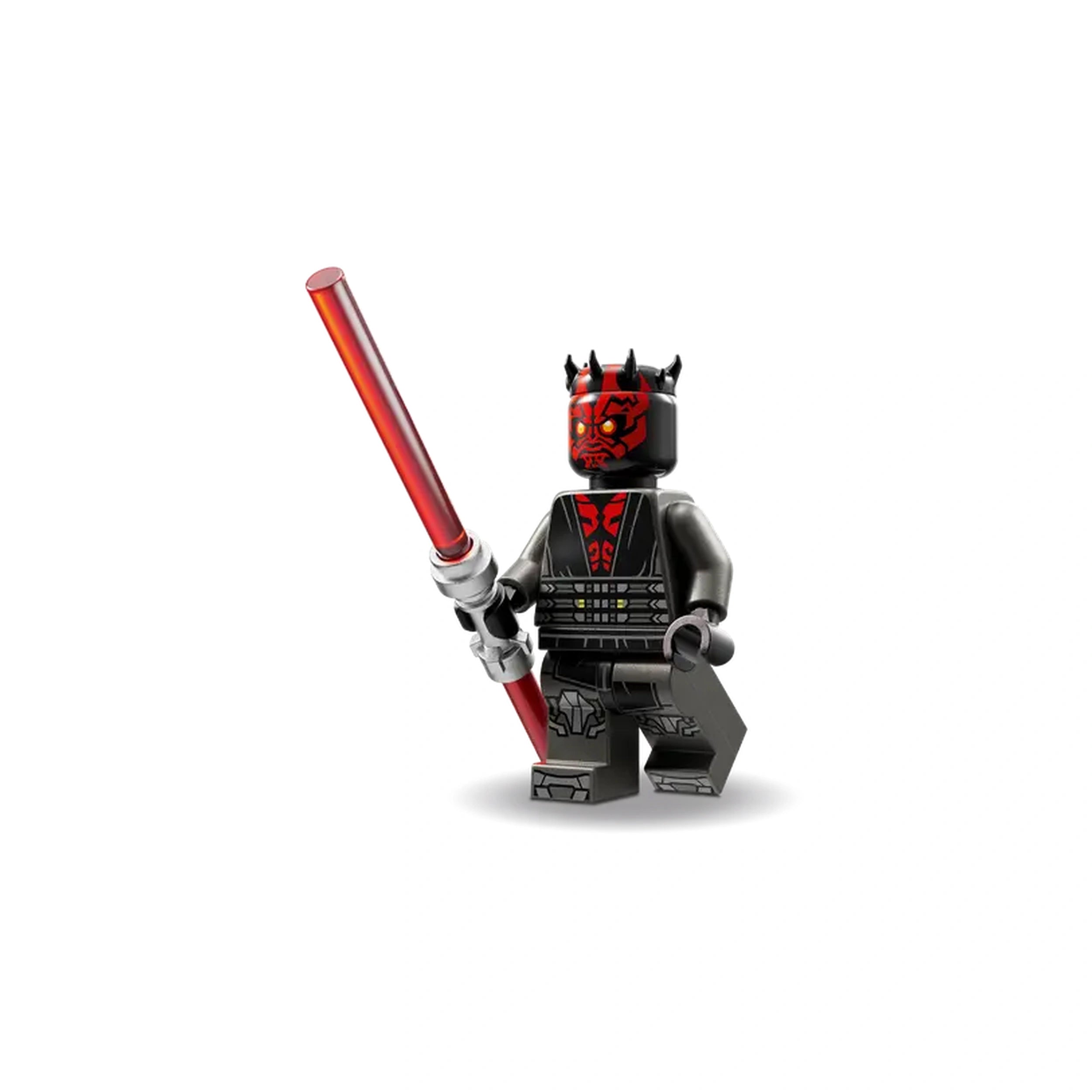 Darth Maul LEGO minifigure stands in a dynamic pose, holding a red double-bladed Lightsaber, wearing black armor with intricate red markings.