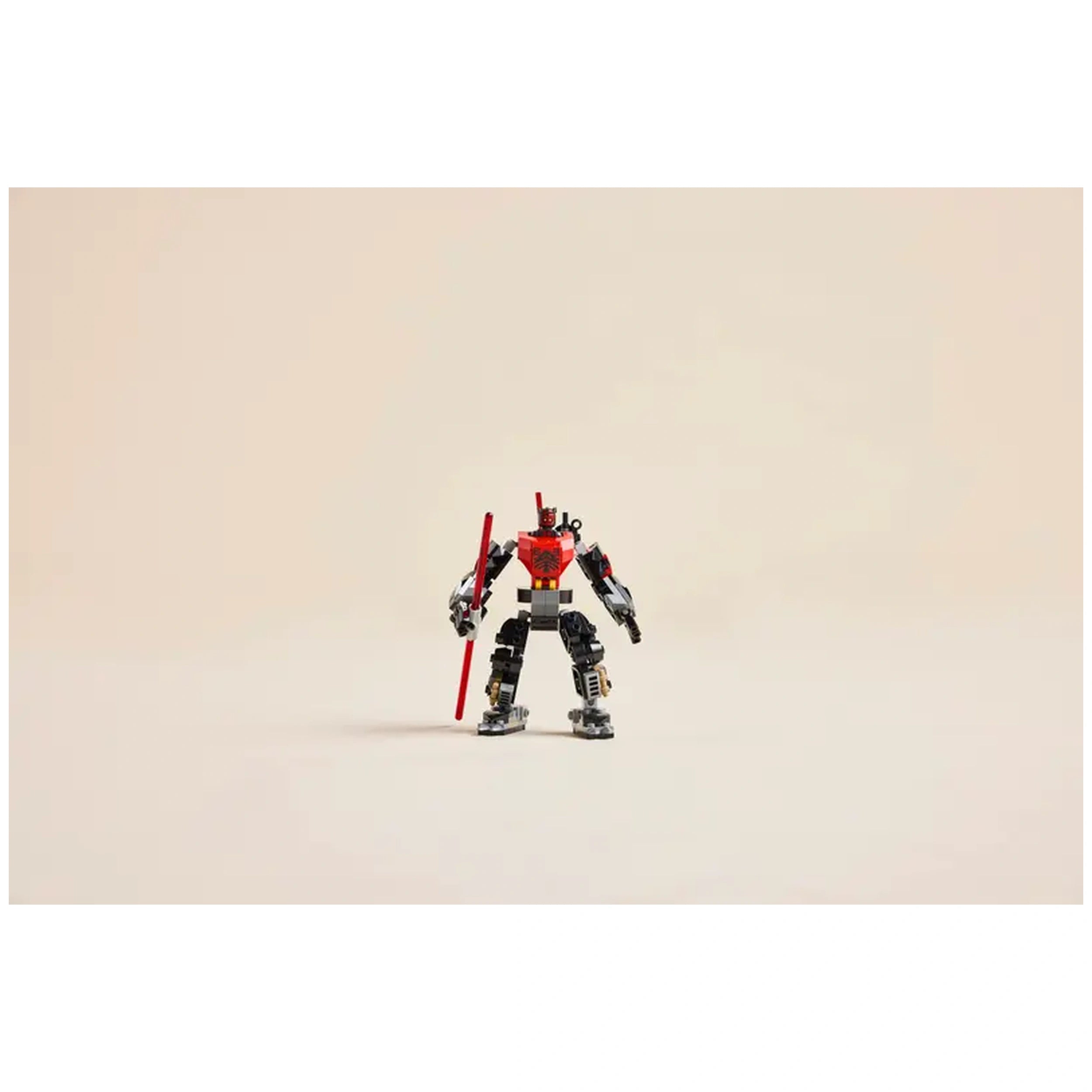 Darth Maul Mech from LEGO, standing over 5 inches tall with posable limbs and a red Lightsaber, on a neutral background.