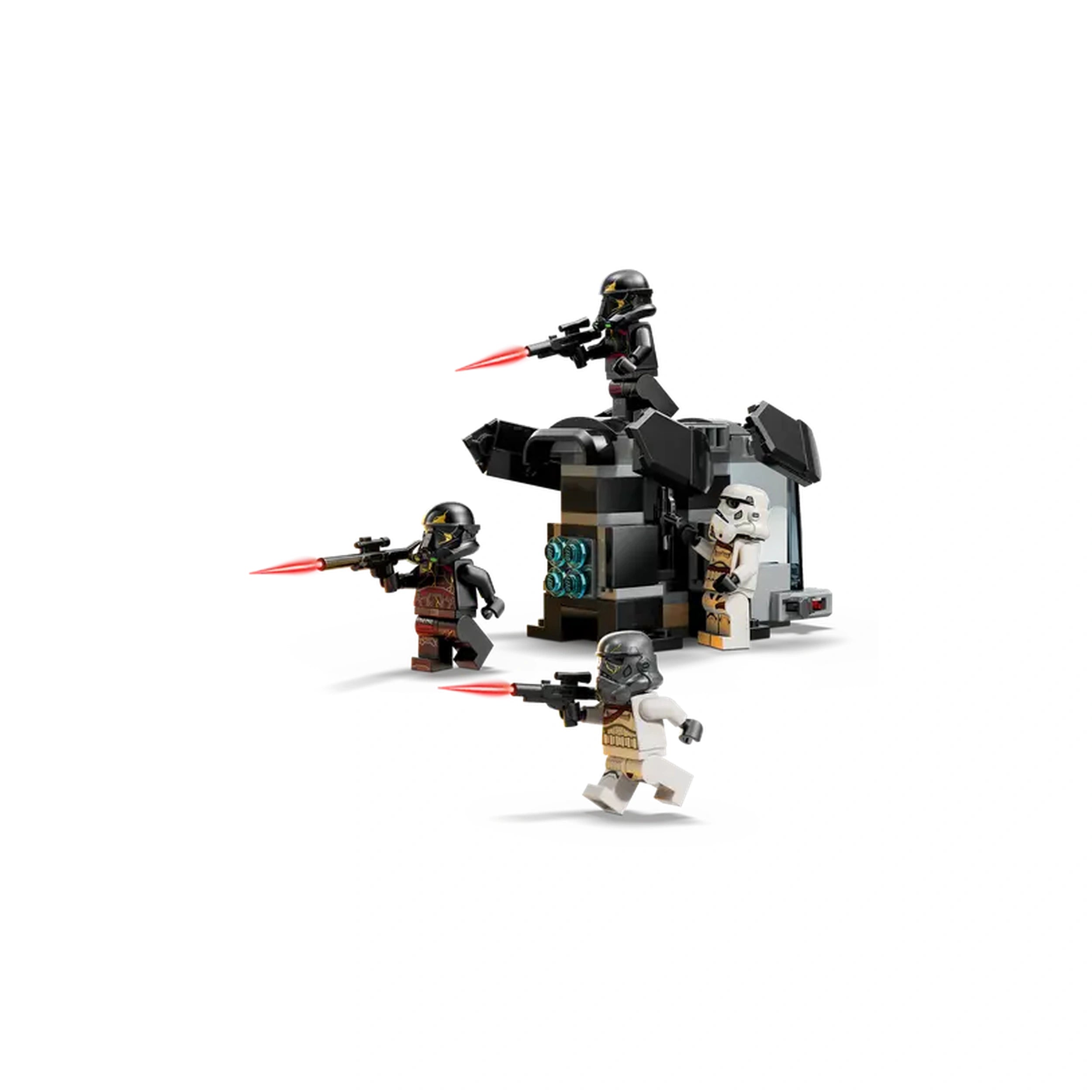 LEGO Death Trooper and Night Trooper Battle Pack featuring four minifigures in combat poses, with a dropship backdrop and shooting effects.