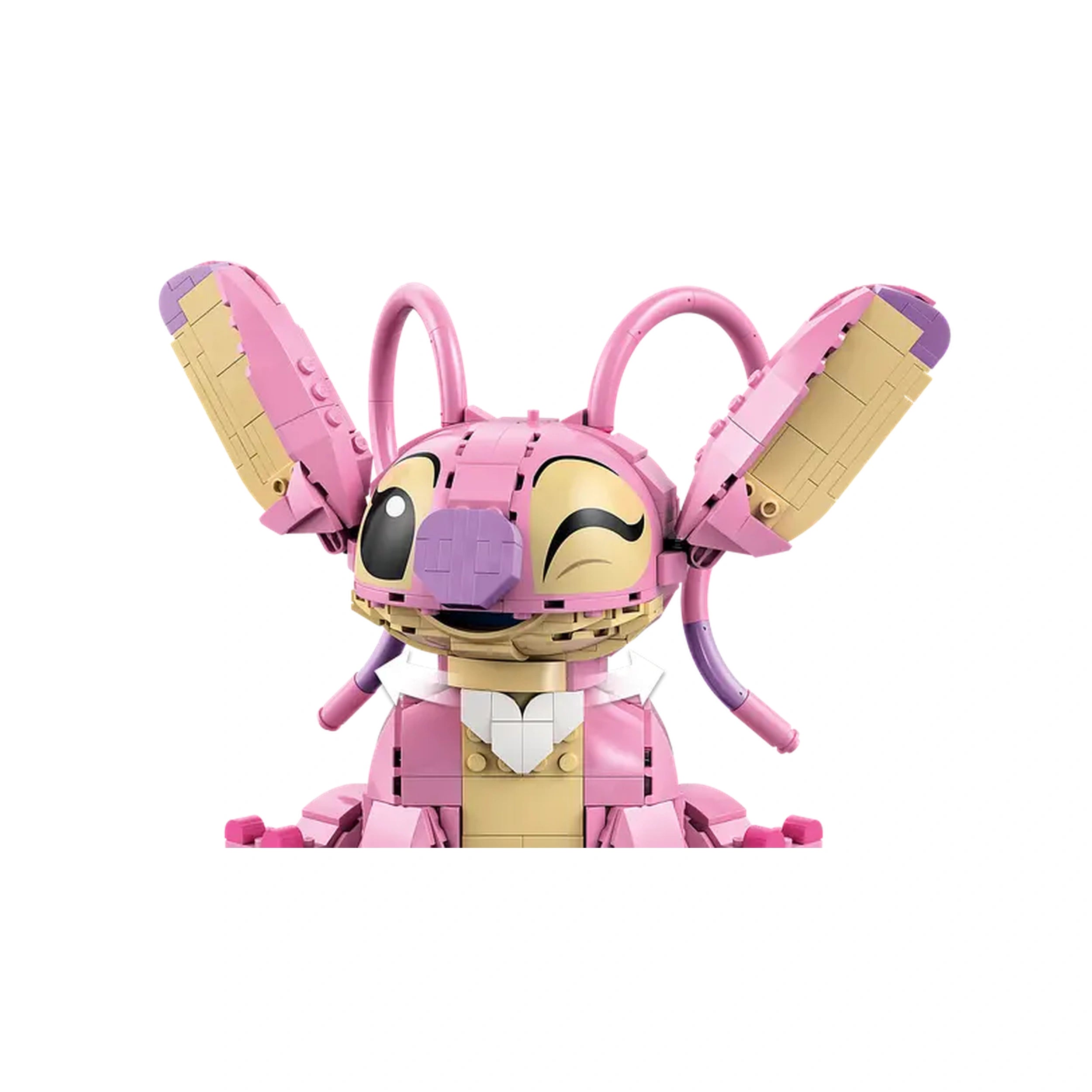 LEGO Disney Angel building toy in pink and beige, featuring movable ears and a cheerful expression, designed for creative play.