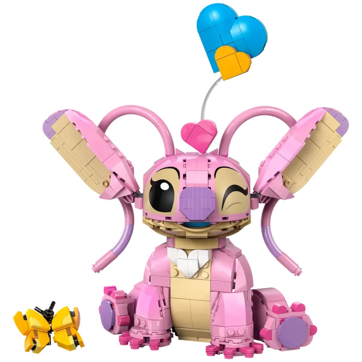 LEGO Angel from Disney’s Lilo & Stitch, a pink building toy with movable ears and a heart balloon. A yellow butterfly sits nearby.