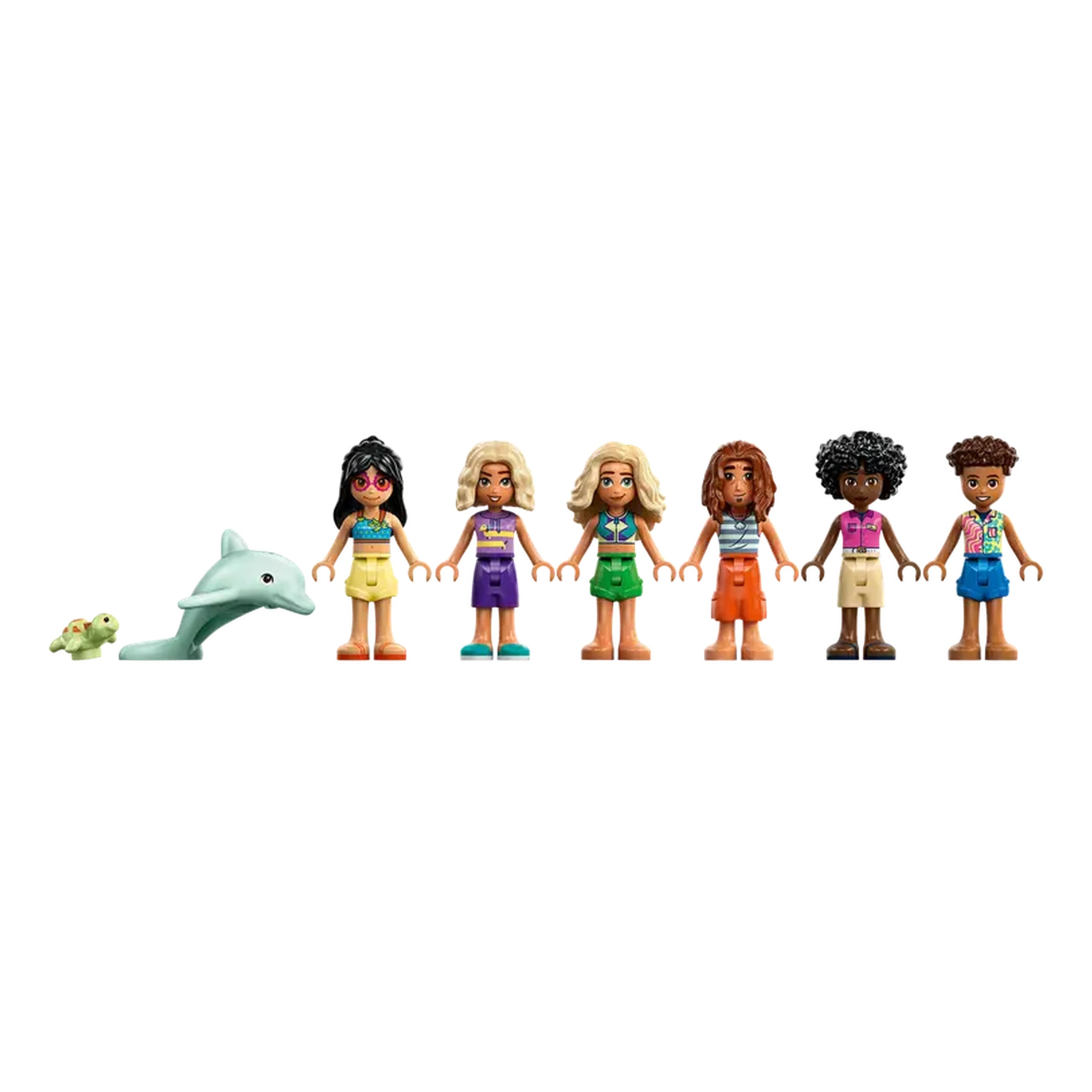 Six LEGO Friends minidolls, all wearing colorful beach attire, stand in a line alongside a dolphin and a turtle figure.