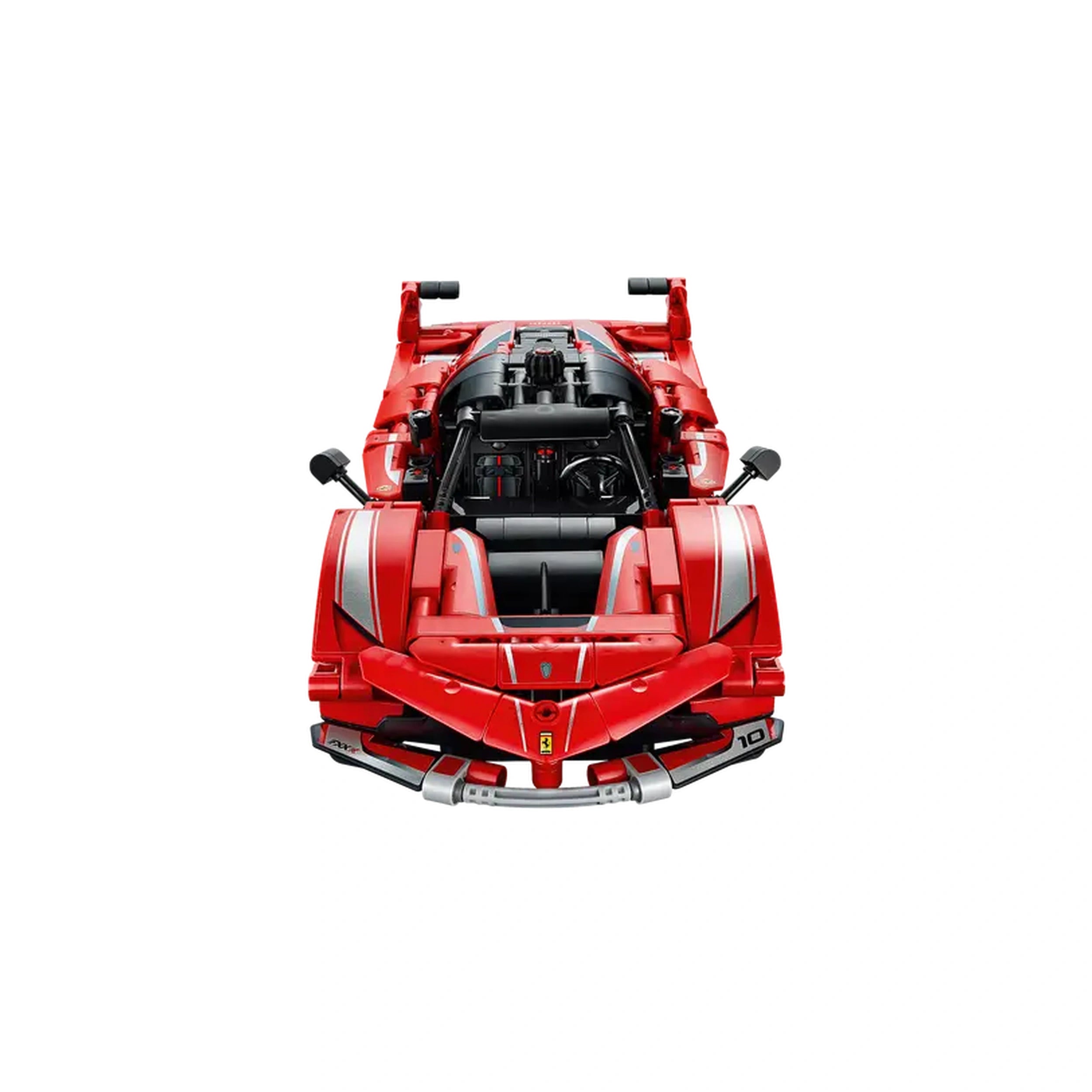LEGO Ferrari FXX K model car kit displayed from above, showcasing its vibrant red color, detailed exterior, and features like the butterfly doors and intricate engine.