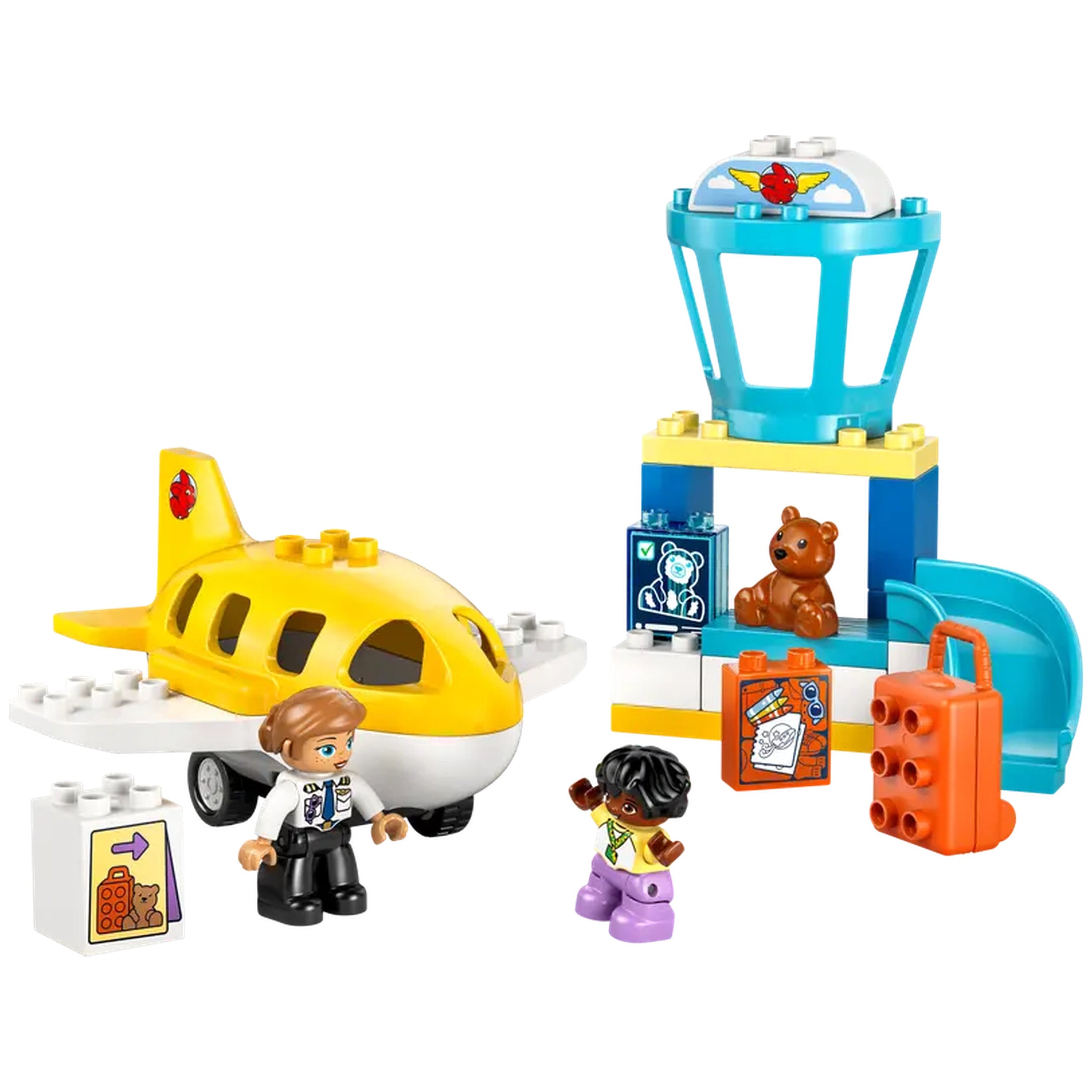 LEGO 10443 First Time at the Airport set with a yellow airplane, figures of a pilot and a child, luggage, and an air traffic control tower.