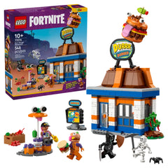 LEGO Fortnite Durrr Burger Restaurant set featuring a colorful building, iconic burger sign, and various action figures, including a gamer and a skeleton.