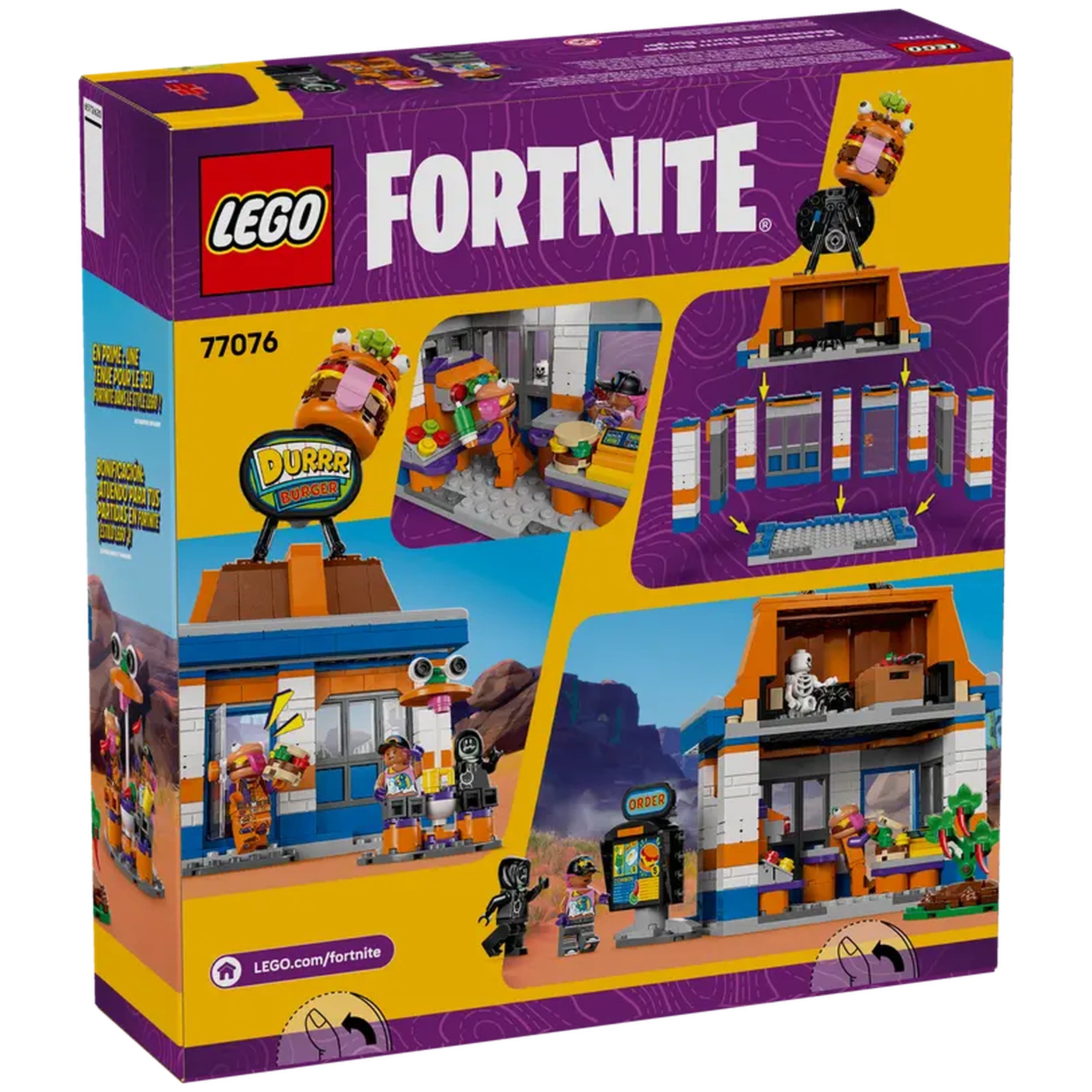 LEGO Fortnite Durrr Burger Restaurant box showcasing colorful building set features, characters, and play areas.
