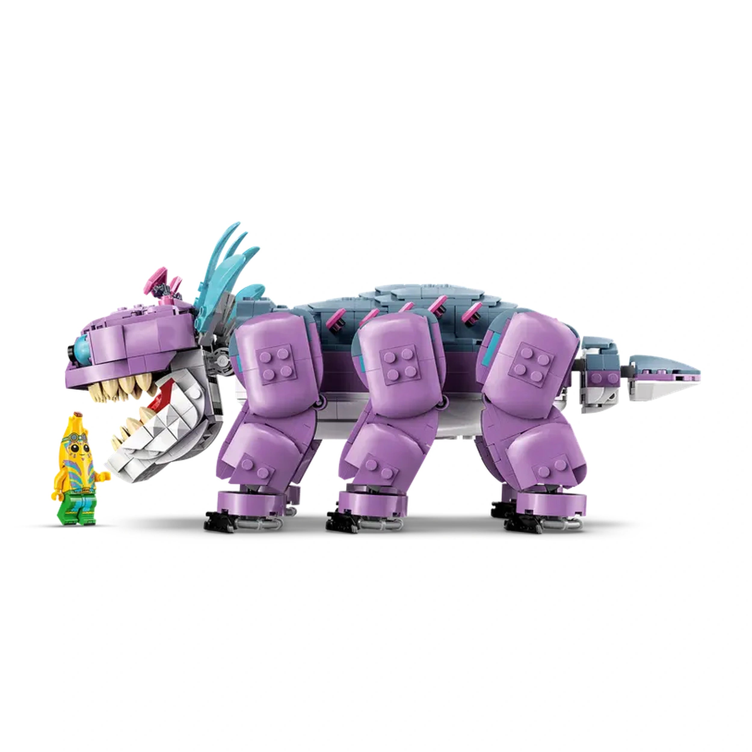 LEGO Fortnite Klombo Construction Set featuring a large purple dinosaur-like creature with movable legs and an opening mouth, alongside a LEGO minifigure dressed in a banana costume.