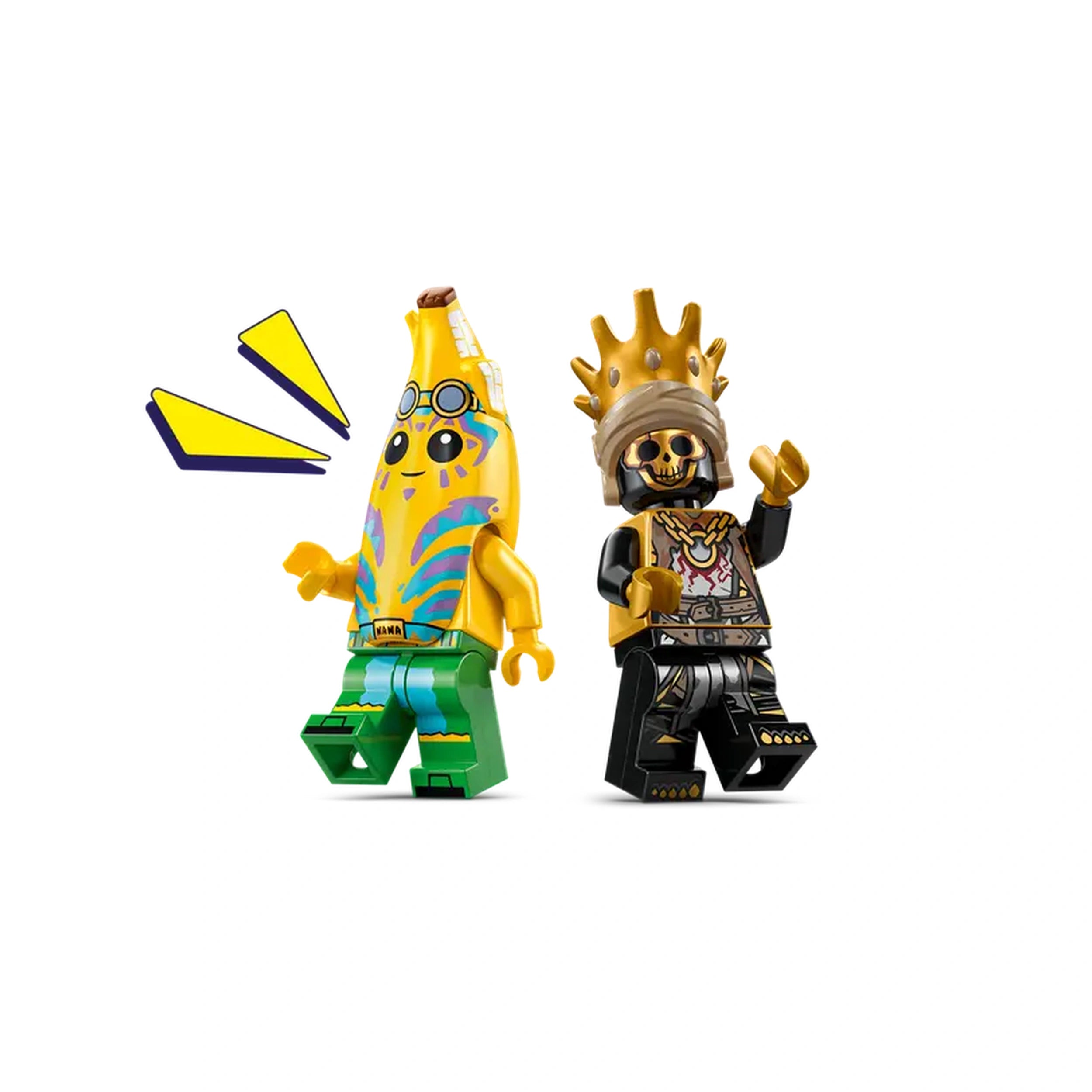 Two vibrant LEGO minifigures from Fortnite: a cheerful banana character in bright colors with sunglasses and a black skeleton figure wearing a golden crown, both striking playful poses.