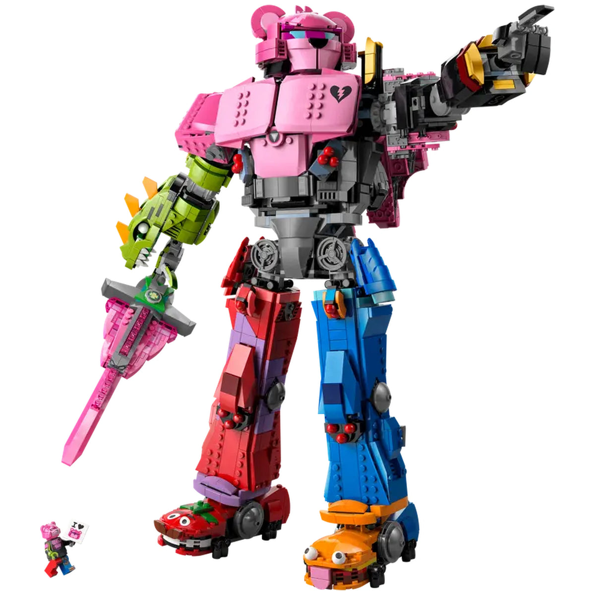 LEGO Fortnite Mecha Team Leader building set showcases a colorful robot in pink, green, and blue, wielding a pink sword. A small figure stands at its feet, enhancing the scene's playful aesthetic.