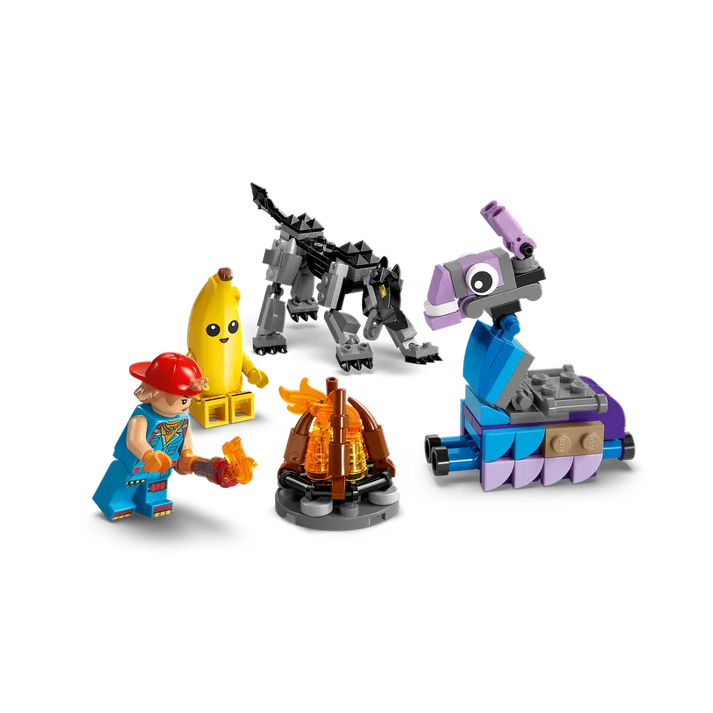 LEGO Fortnite action figures including a child with a red cap and yellow banana character, a campfire, a black wolf figure, and a colorful Supply Llama.