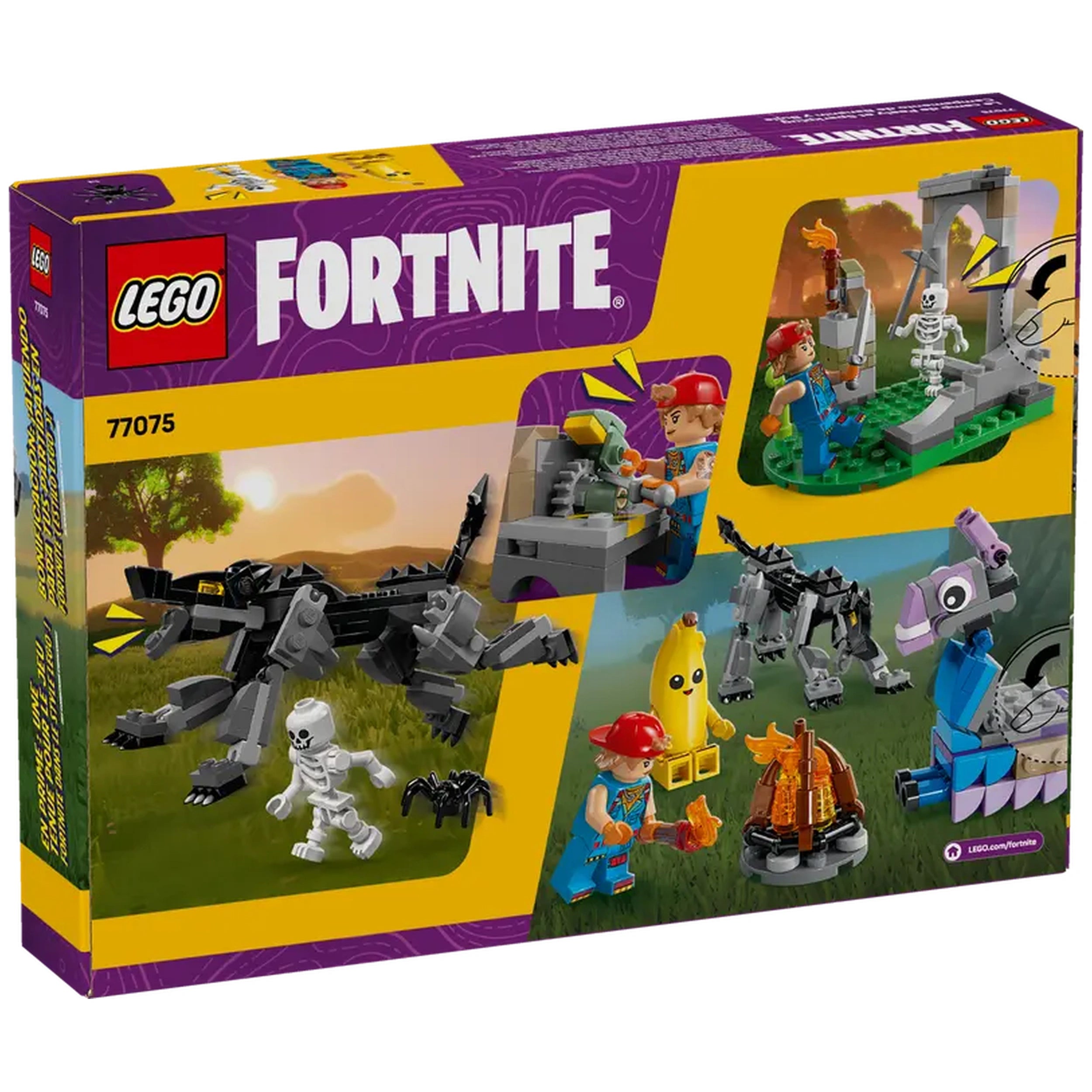LEGO Fortnite Peely & Sparkplug’s Camp building set box, featuring colorful graphics and four play scenarios with characters, items, and creatures.