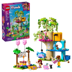 Colorful LEGO Friends Cat Birthday Party set featuring a tree house, two minidolls, five cat figures, birthday decorations, and gifts.