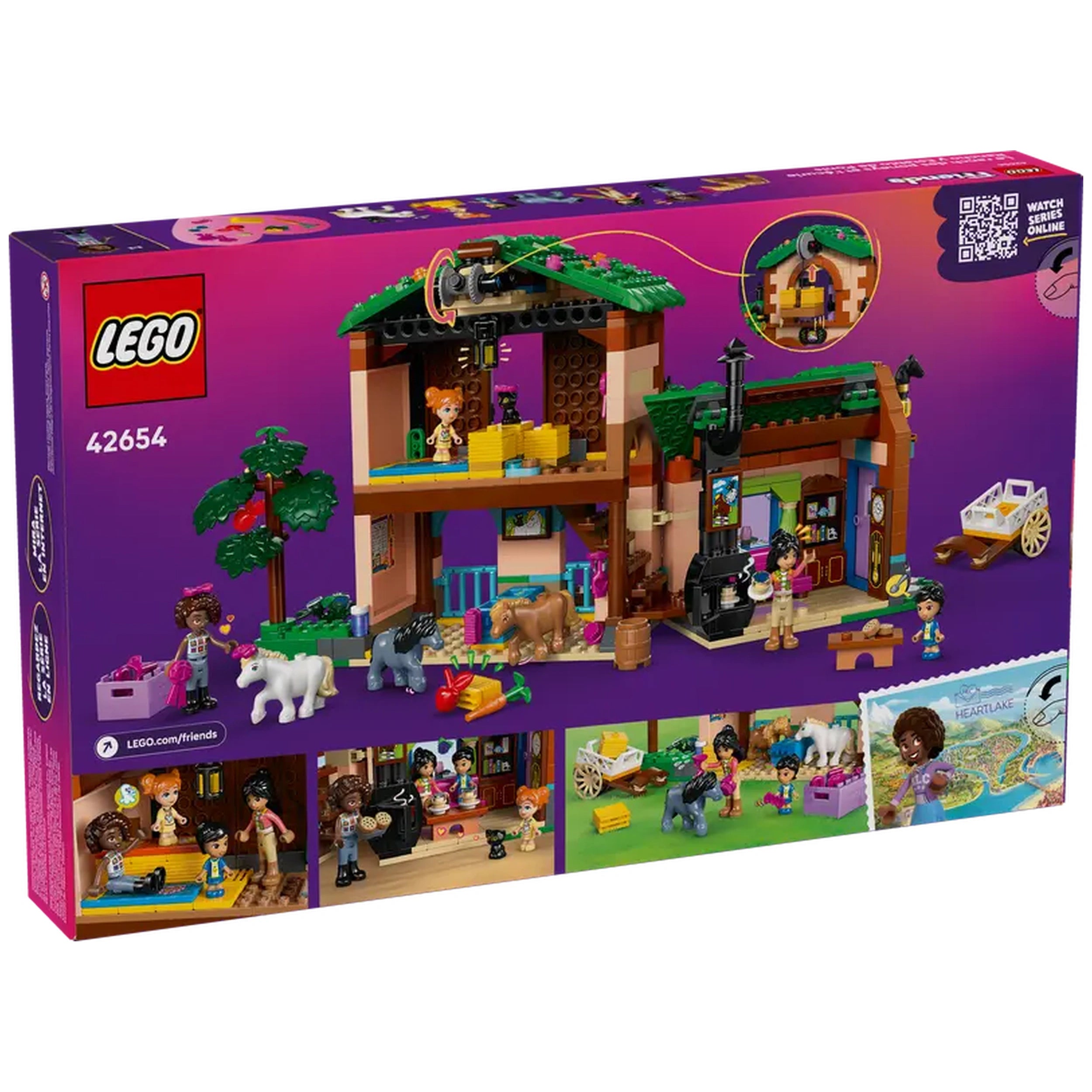 Colorful LEGO Friends Pony Ranch & Stable set featuring a house, a barn, and playful characters, including horses and accessories for imaginative play.