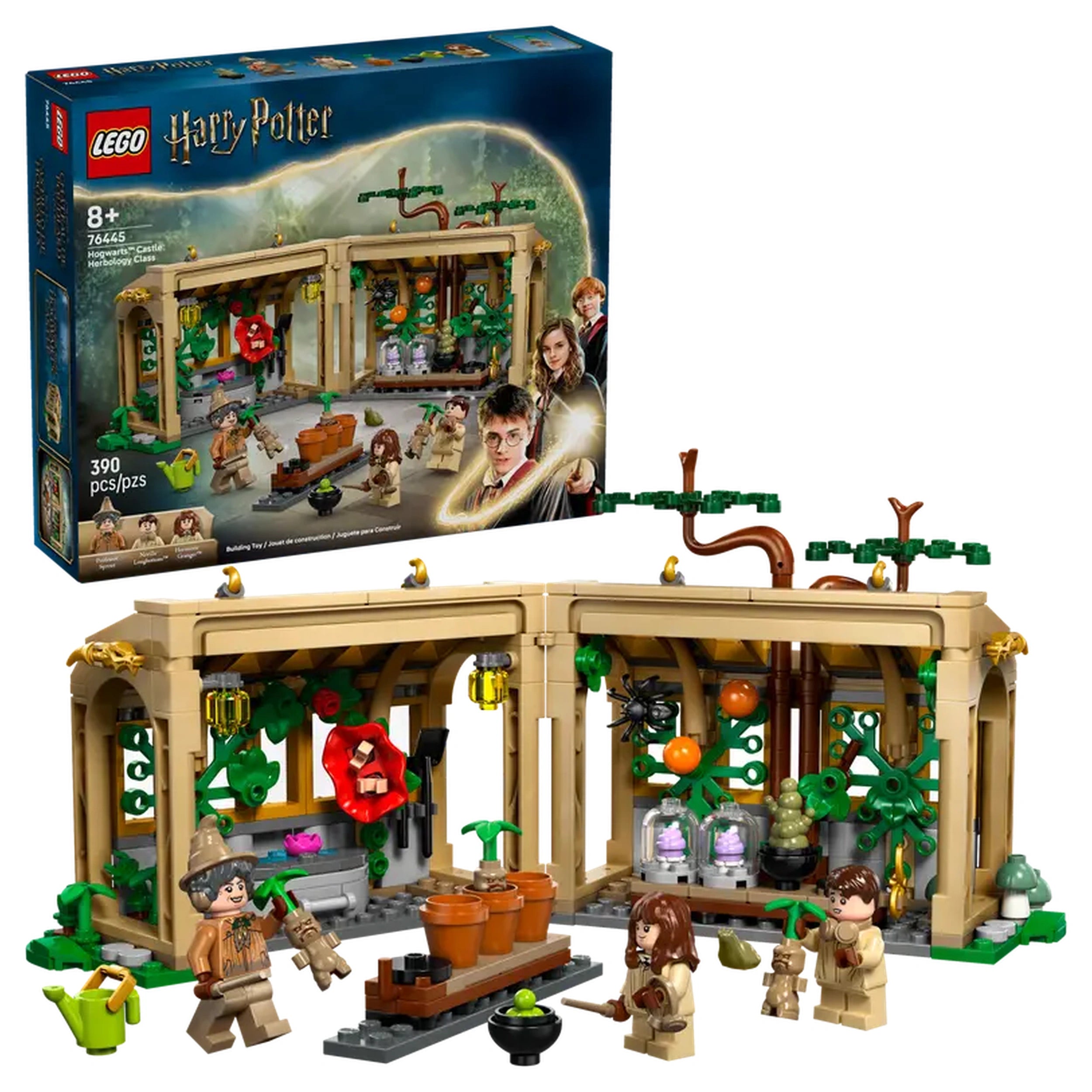 LEGO Hogwarts™ Castle Herbology Class set featuring a beautifully designed greenhouse with magical plants, removable tables, and three minifigures engaging in herbology lessons.