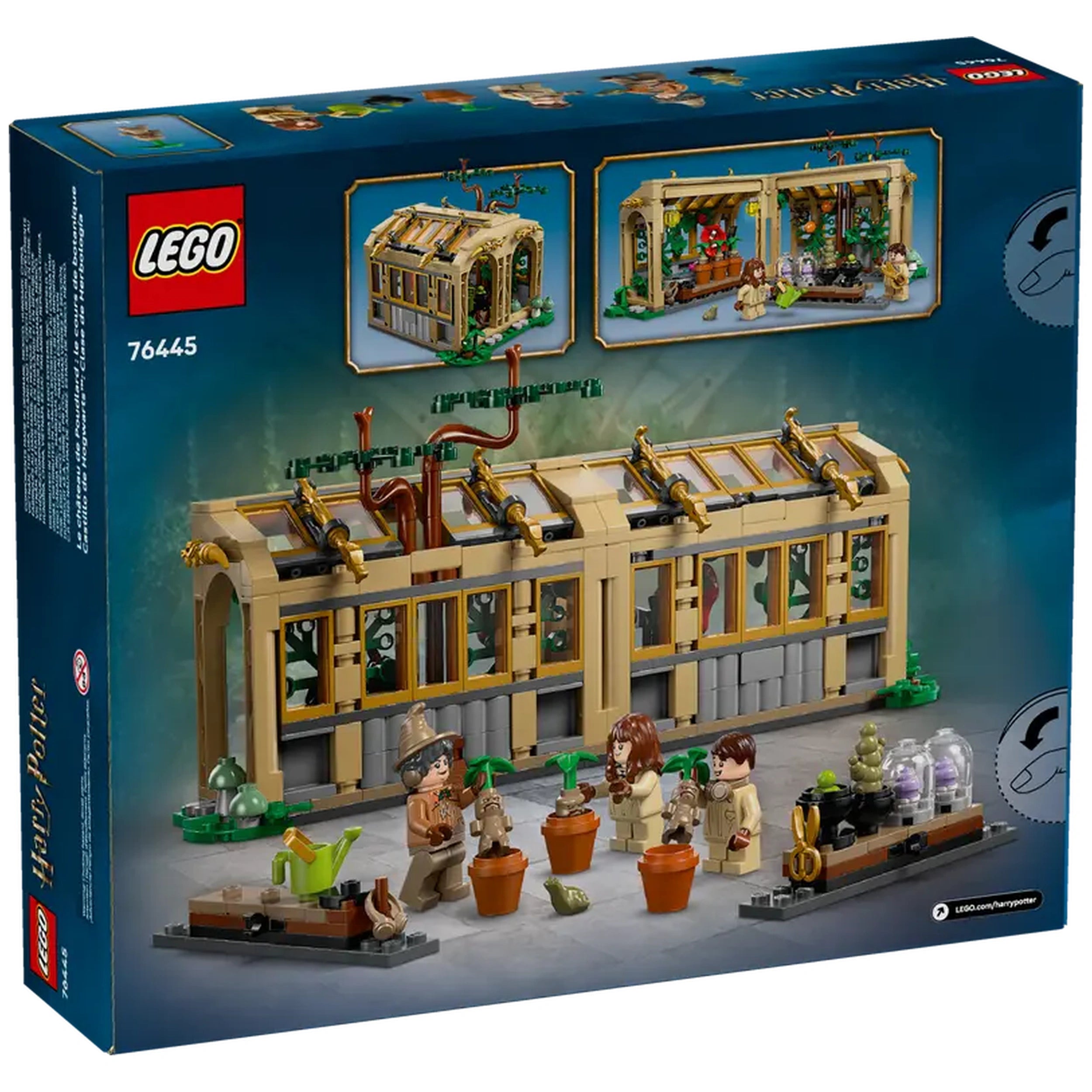 LEGO Hogwarts™ Castle Herbology Class set with a detailed greenhouse, pots with magical plants, and three minifigures engaged in gardening.