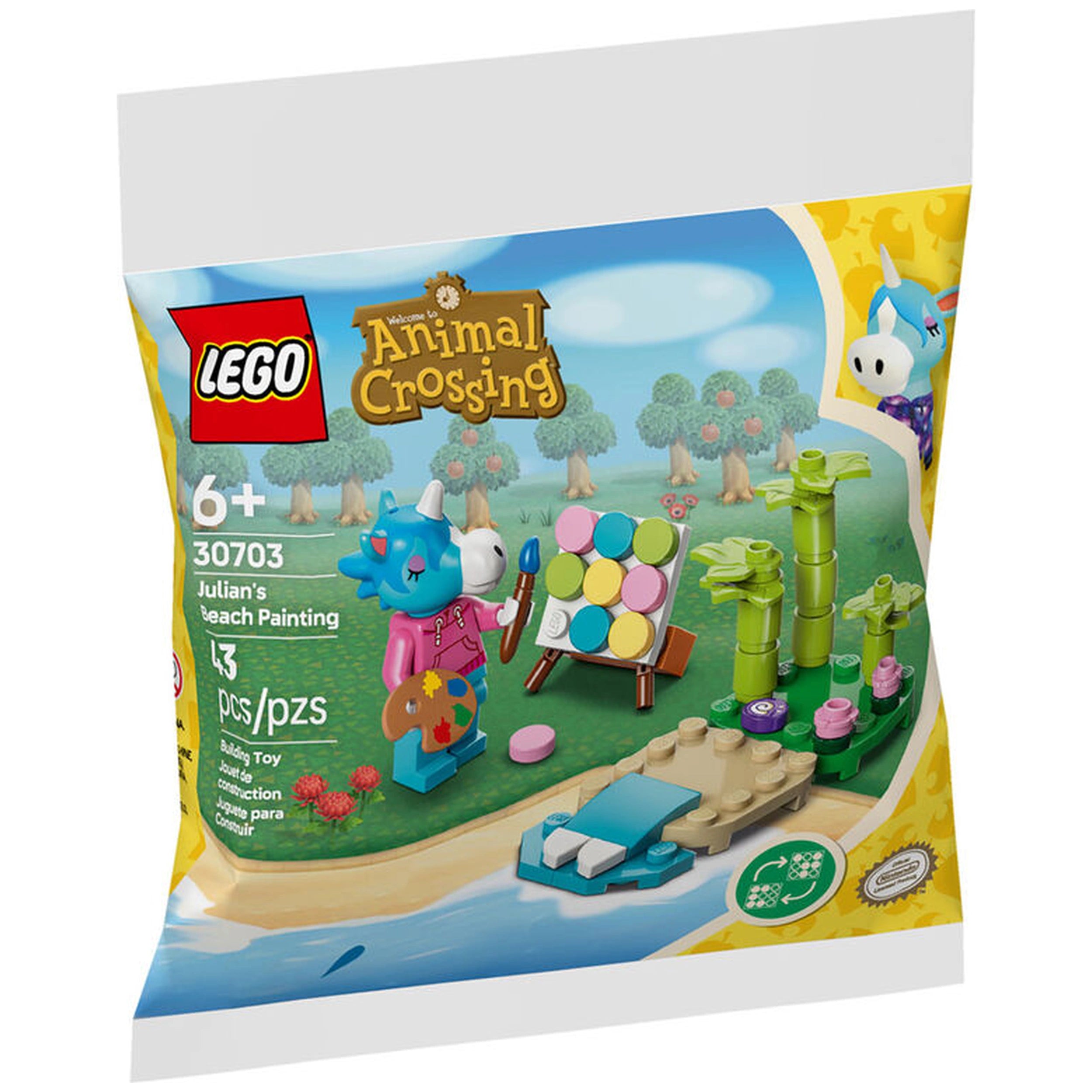 Lego Animal Crossing construction set featuring Julian with a paint palette, an easel, tropical plants, and a beach scene.