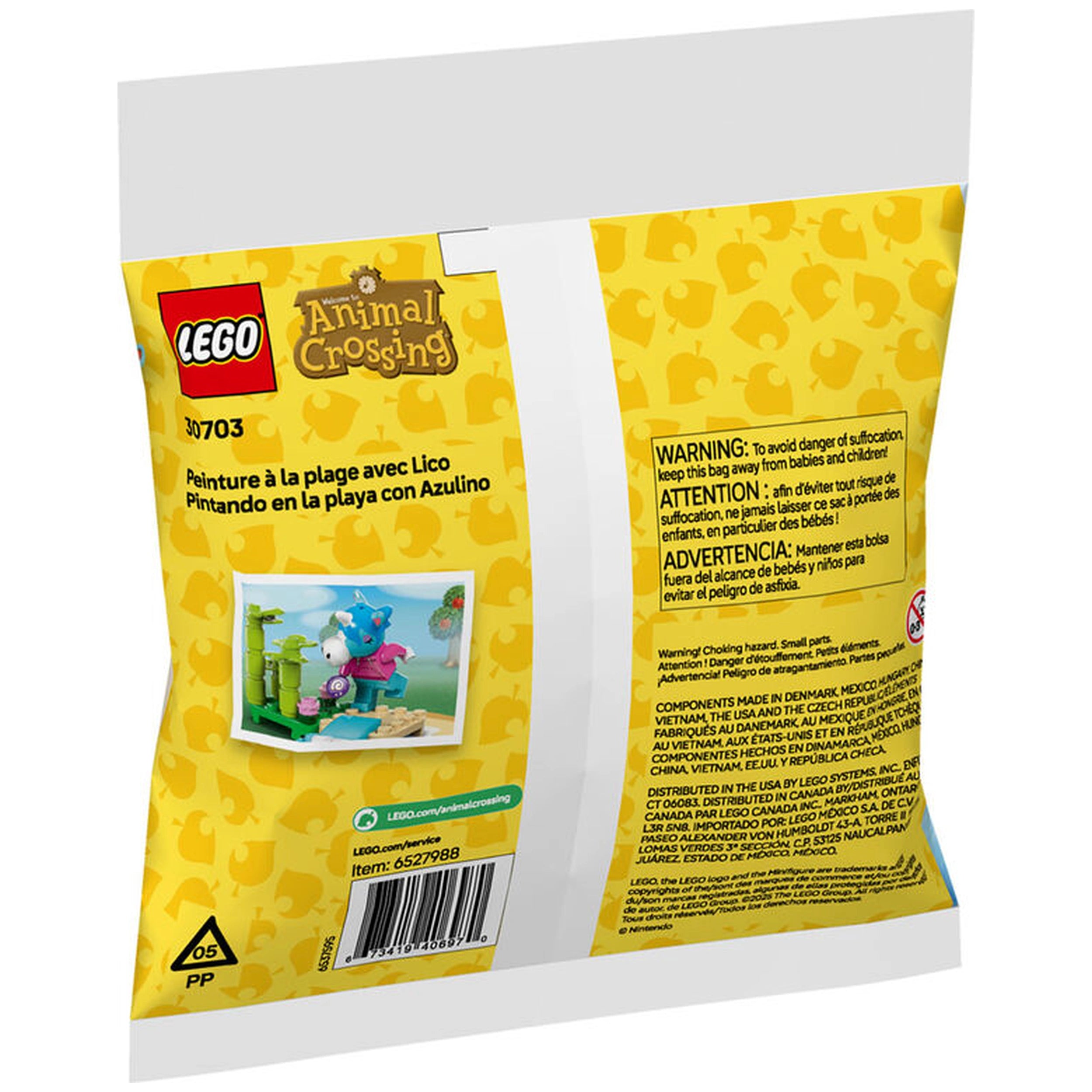 Colorful Lego packaging featuring the Animal Crossing theme, with a fun beach painting scene and vibrant characters.
