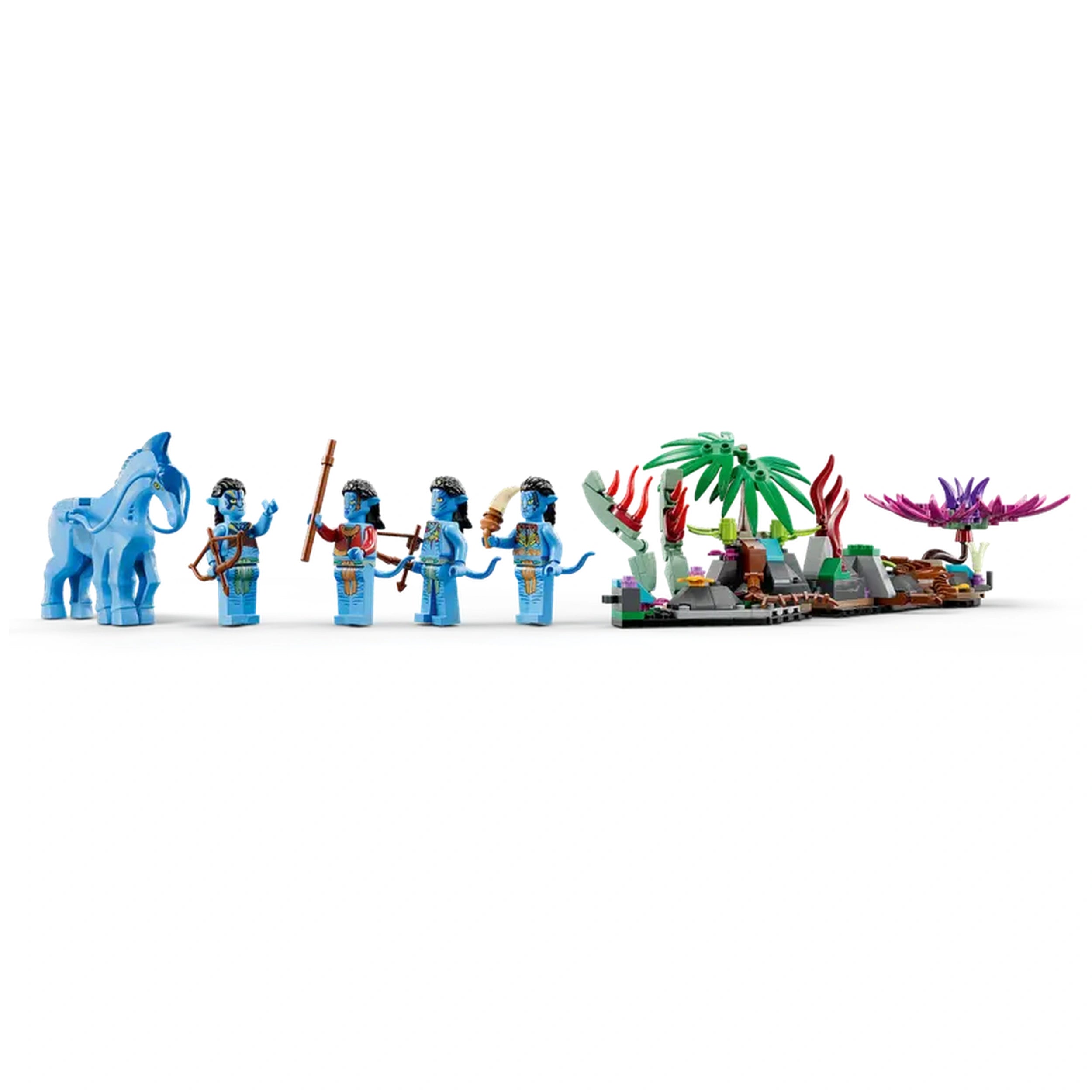 LEGO Avatar set featuring four blue Na'vi minifigures with detailed accessories, a blue Direhorse figure, and vibrant plants from Pandora.