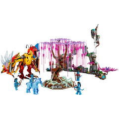 LEGO Avatar construction set featuring Toruk, Tree of Souls, and four minifigures in a vibrant Pandora landscape.