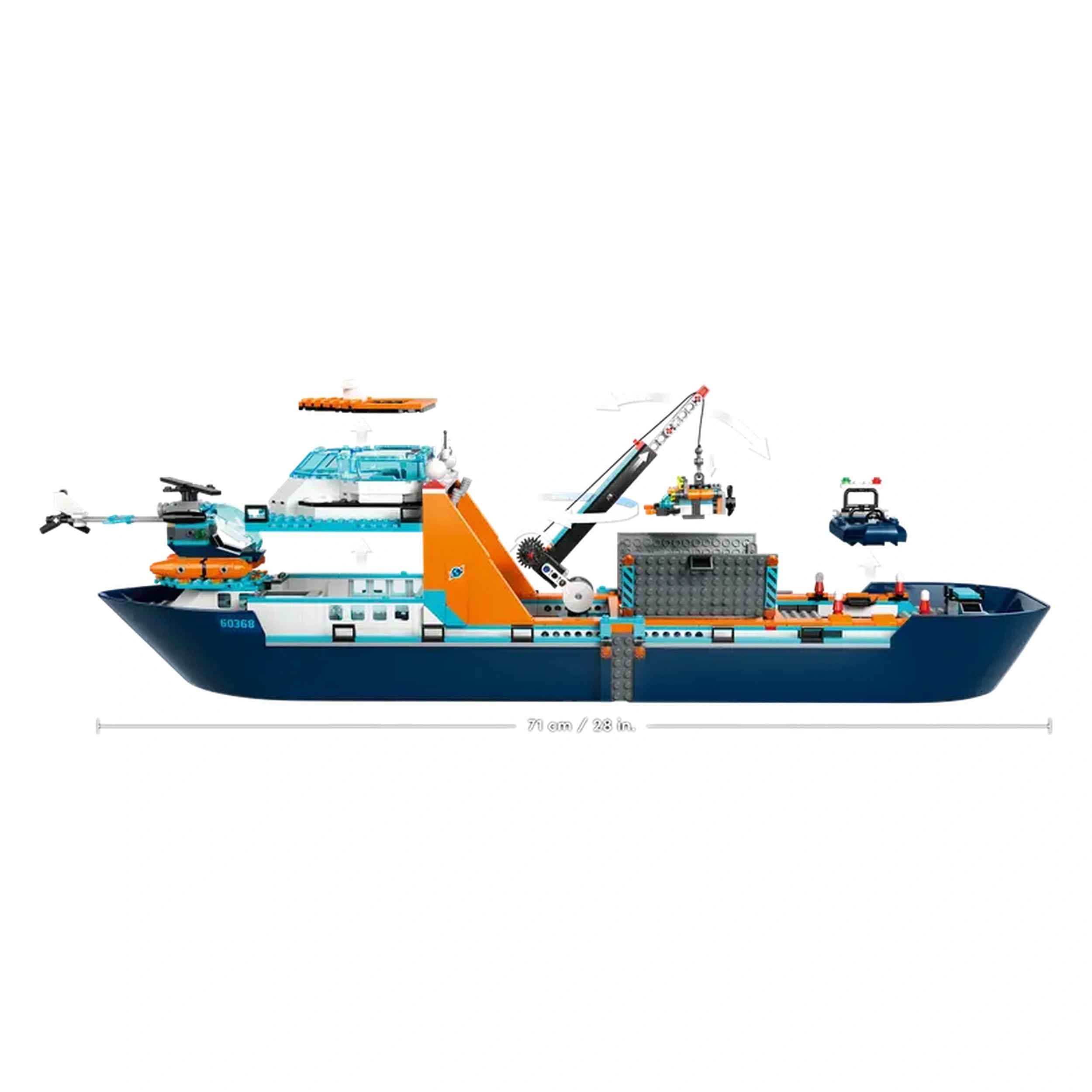 Lego City Arctic Explorer Ship construction set, featuring a vibrant blue and orange boat, helicopter, dinghy, and underwater ROV.