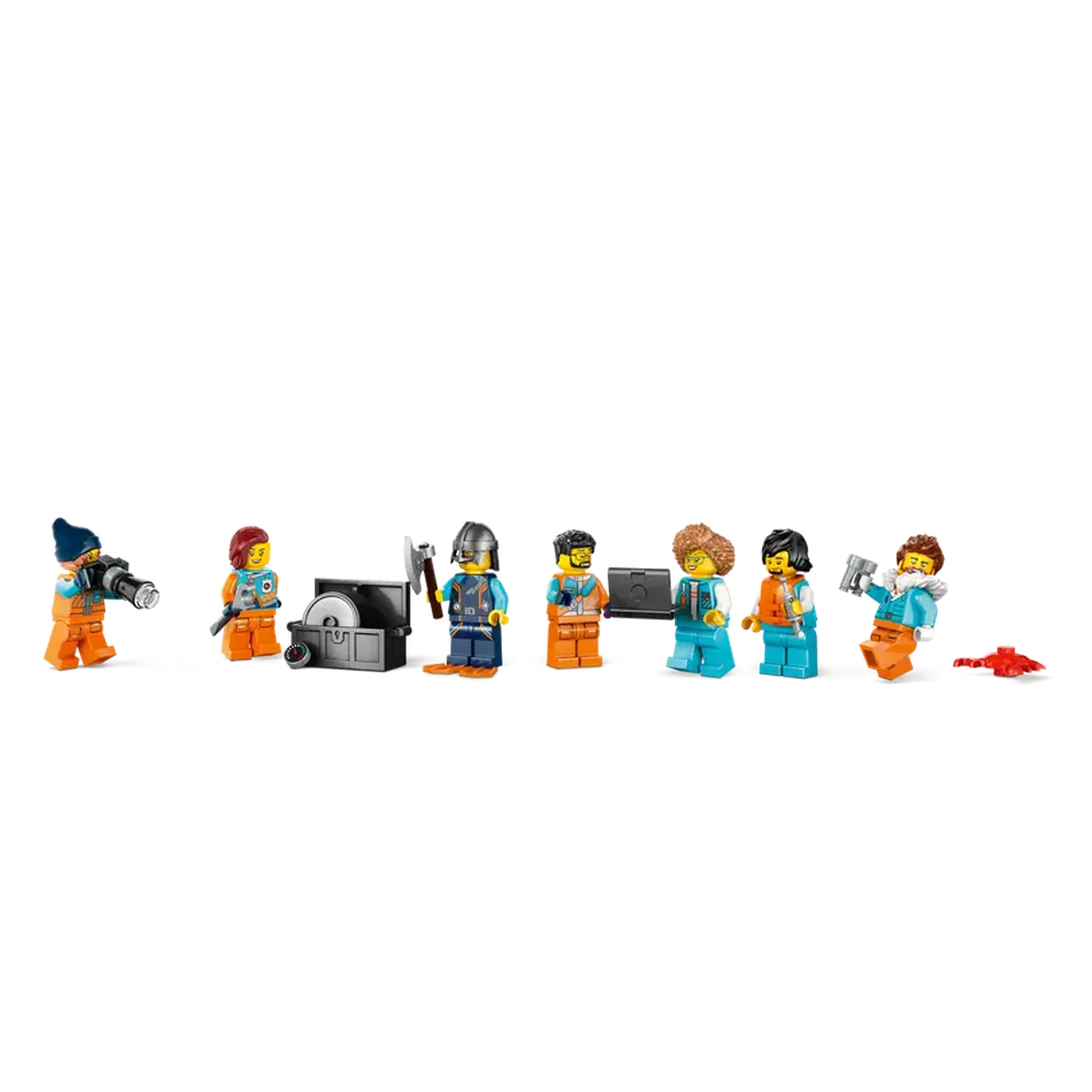 Eight LEGO minifigures, dressed in colorful arctic-themed outfits, stand in a line. Some hold tools and cameras, while a black treasure chest appears in the center. A figure wearing a Viking helmet raises an axe, and one character has bright, curly hair. A red crab is at the end of the line, adding to the adventurous theme of the Arctic Explorer set.