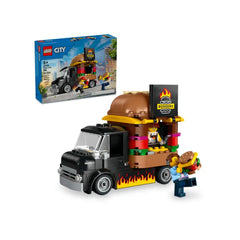 LEGO City Burger Truck set featuring a mobile burger truck with a giant burger on top, alongside a vendor minifigure serving a customer holding a burger.