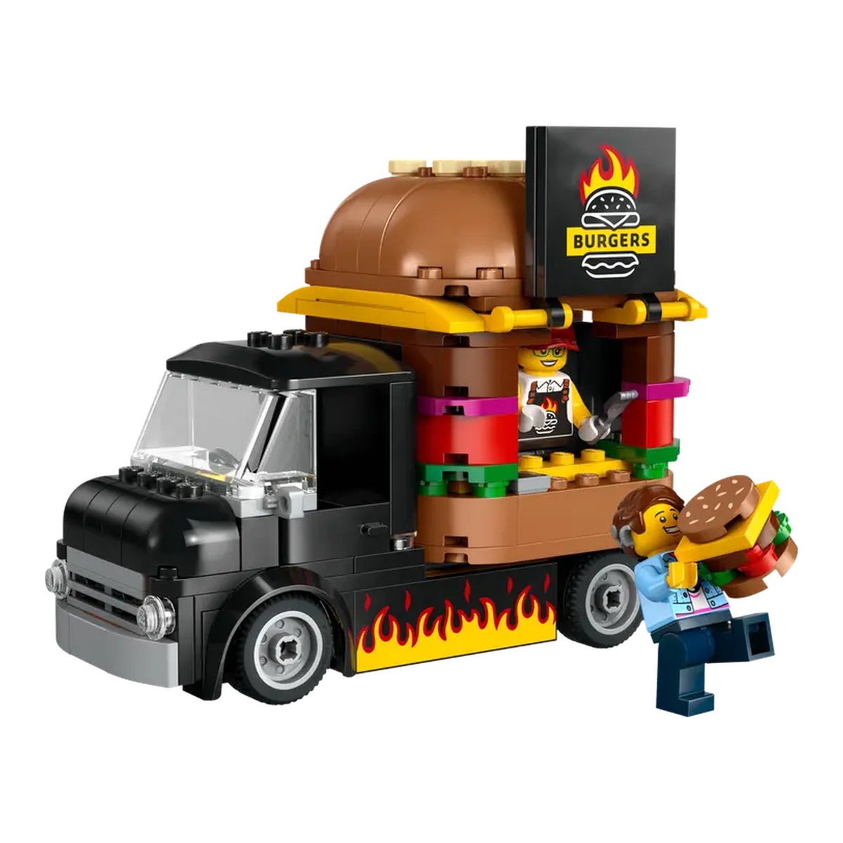 LEGO City Burger Truck set featuring a black truck with a giant burger on top, a vendor serving from a colorful food window, and a customer holding a burger.