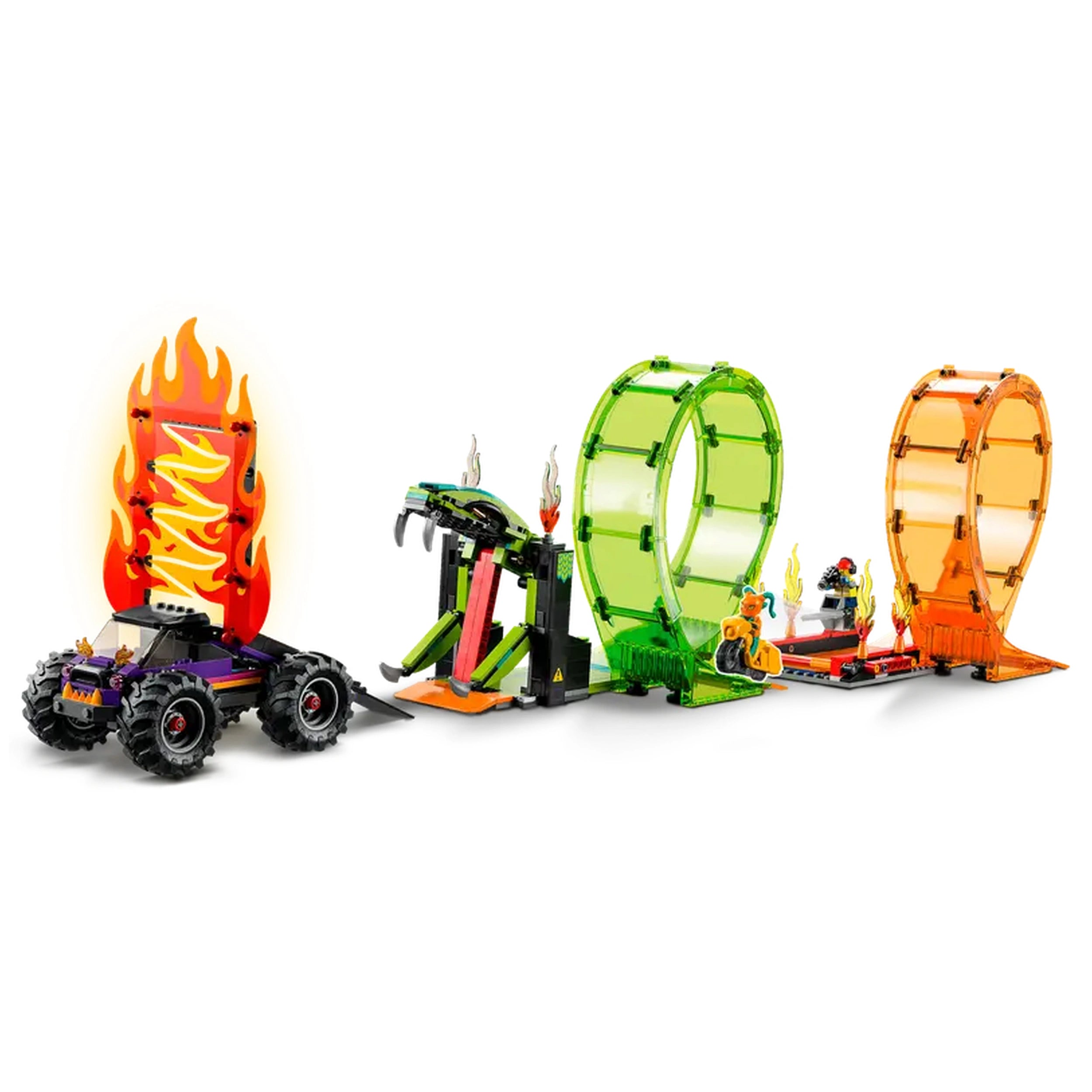 LEGO® City Double Loop Stunt Arena features a vibrant monster truck, two stunt loops, and colorful props like a wall of flames.