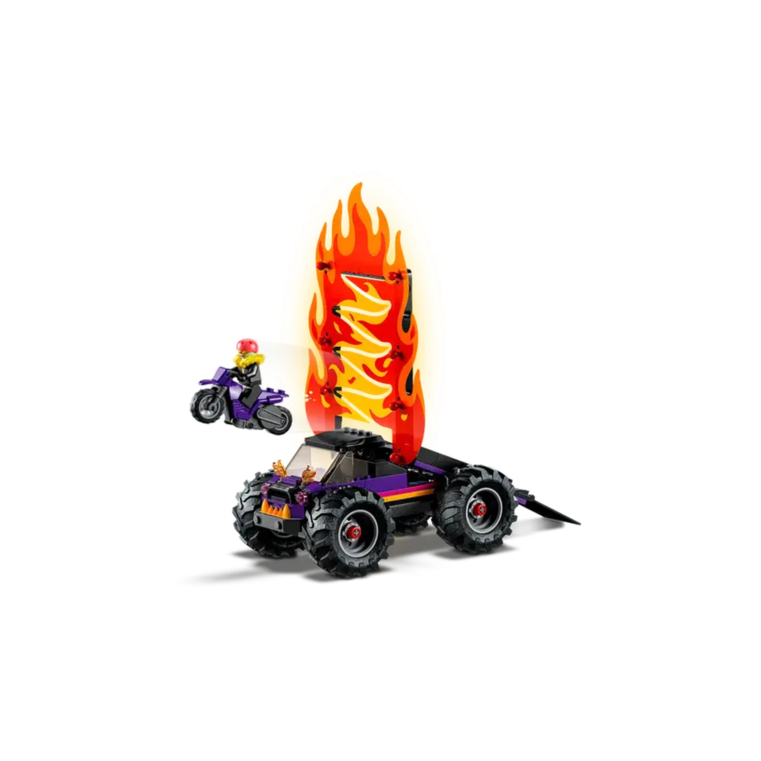 A dynamic LEGO stunt scene featuring a purple monster truck with oversized tires launching a yellow stunt biker off a ramp adorned with fiery flames.