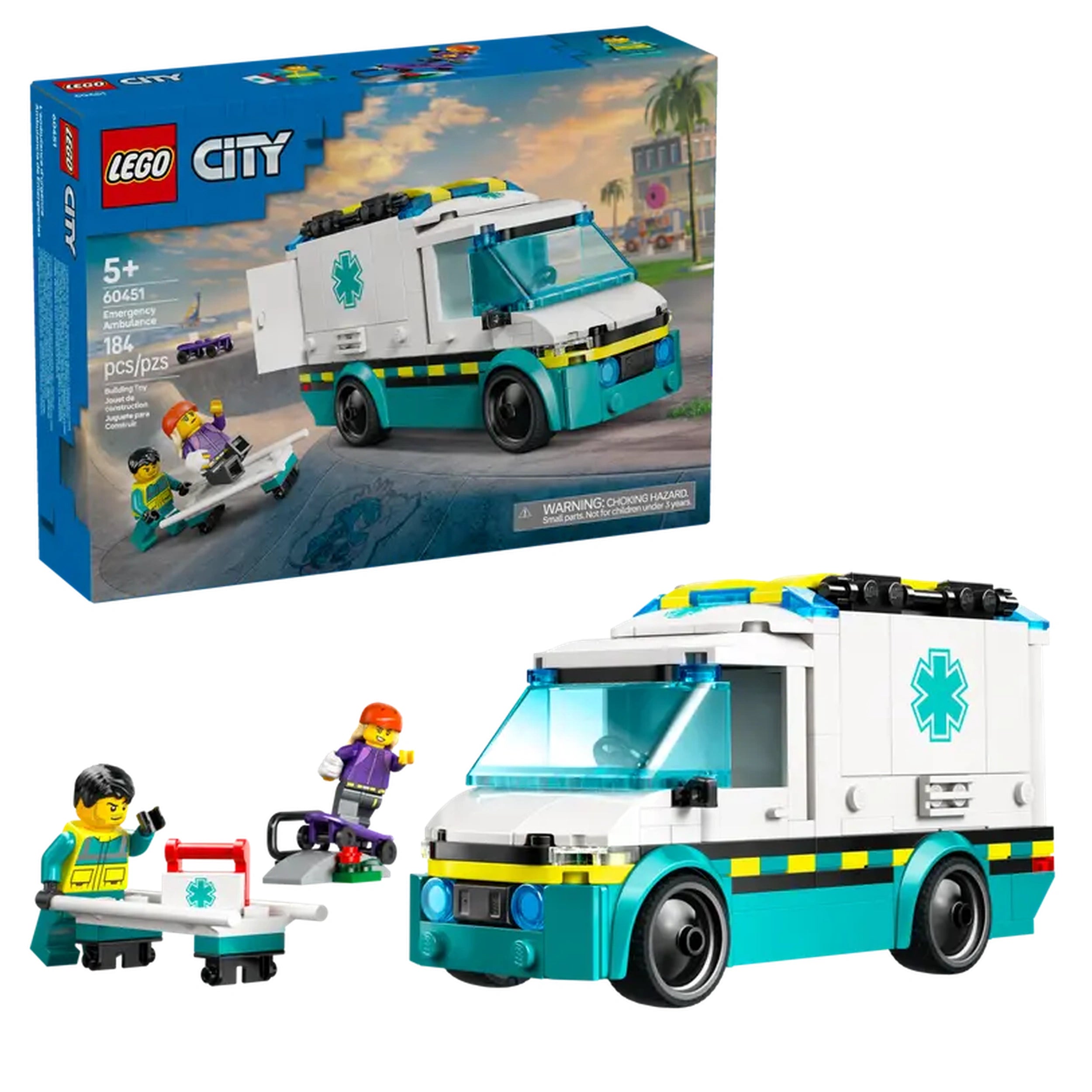 LEGO® City Emergency Ambulance set featuring a white and teal ambulance, two minifigures, and a skateboard.