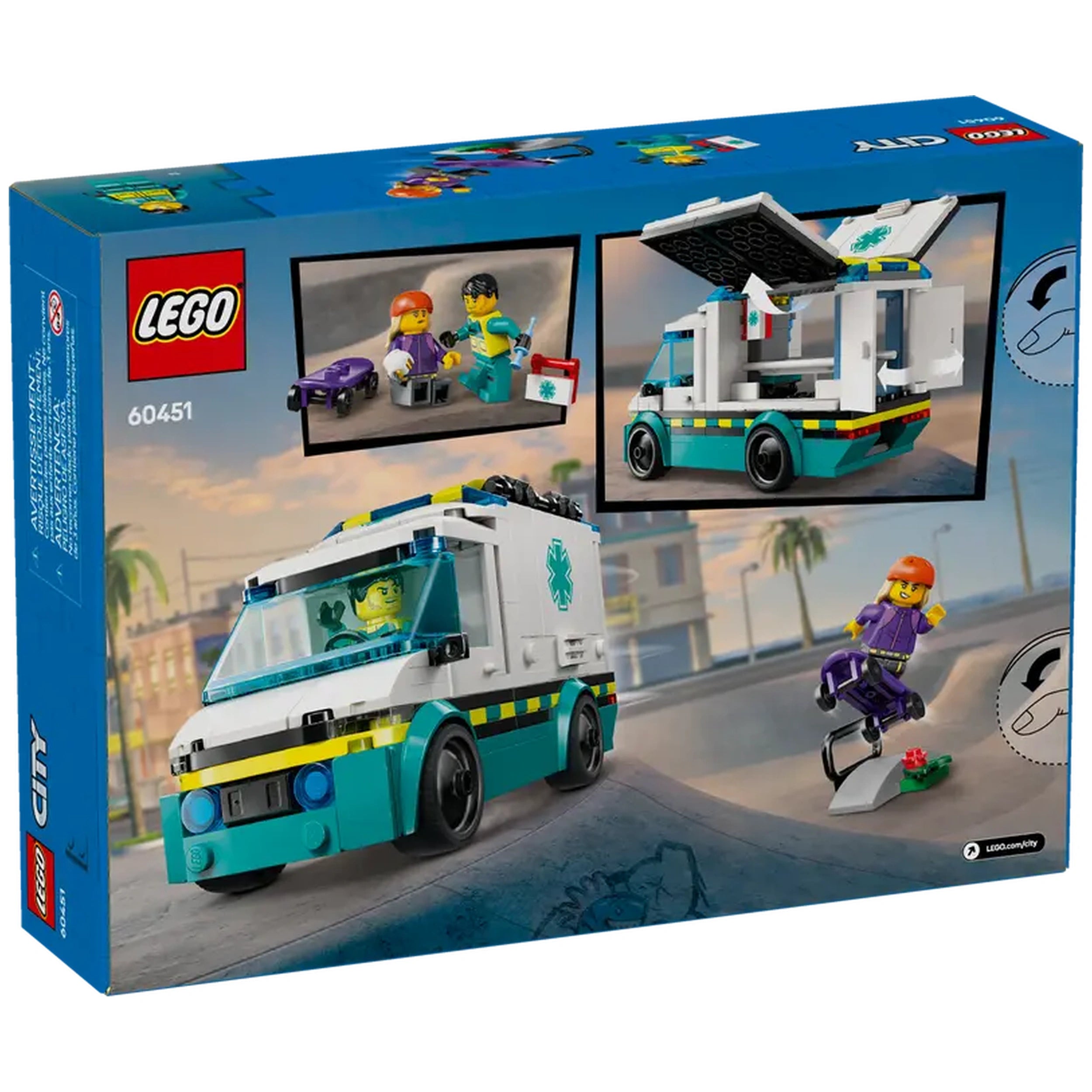 LEGO® City Emergency Ambulance construction set showcasing a vibrant ambulance van, minifigures, and accessories for playtime adventures.