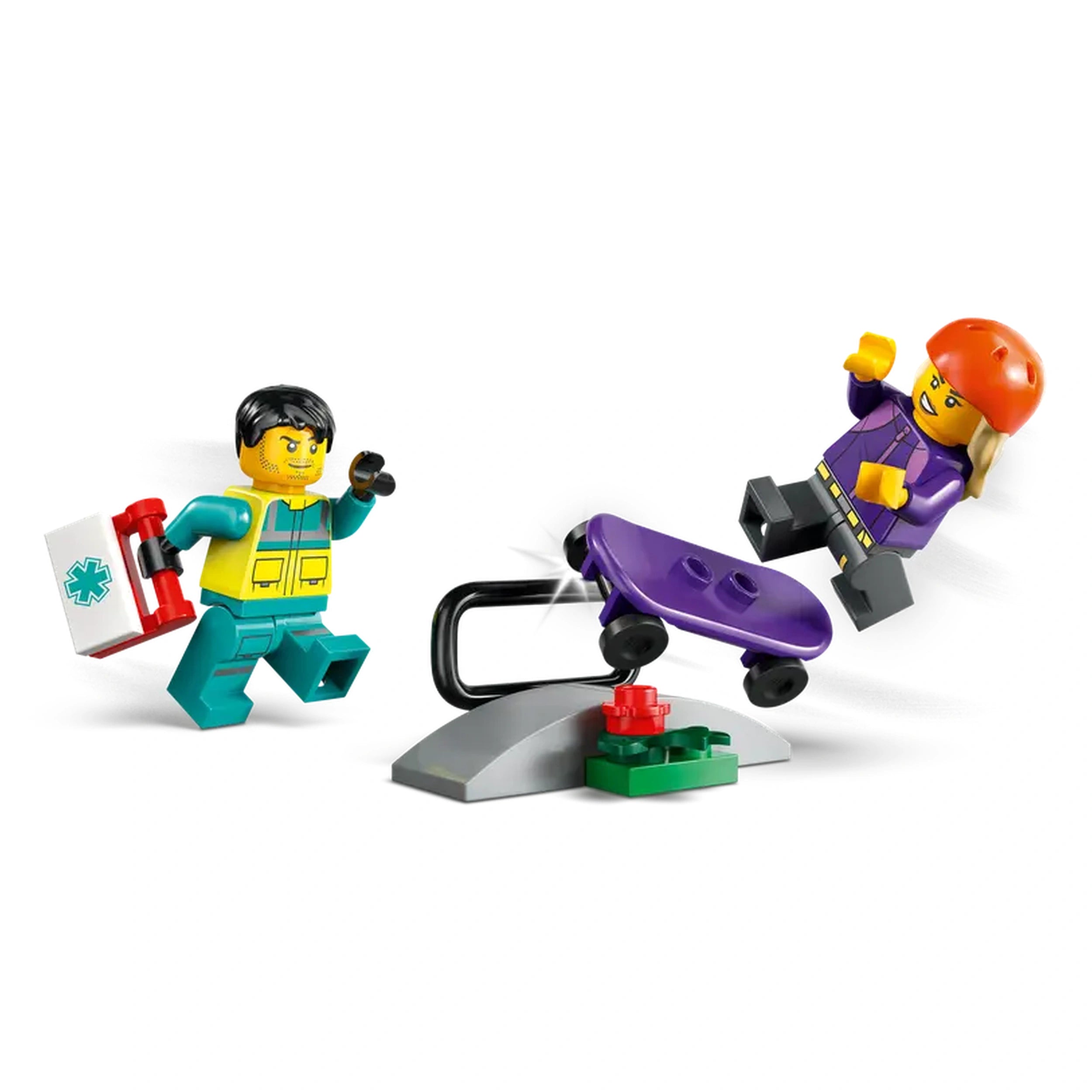 Paramedic LEGO minifigure running with a medical kit towards a skateboard ramp, while a skateboarder in orange helmet performs a trick.