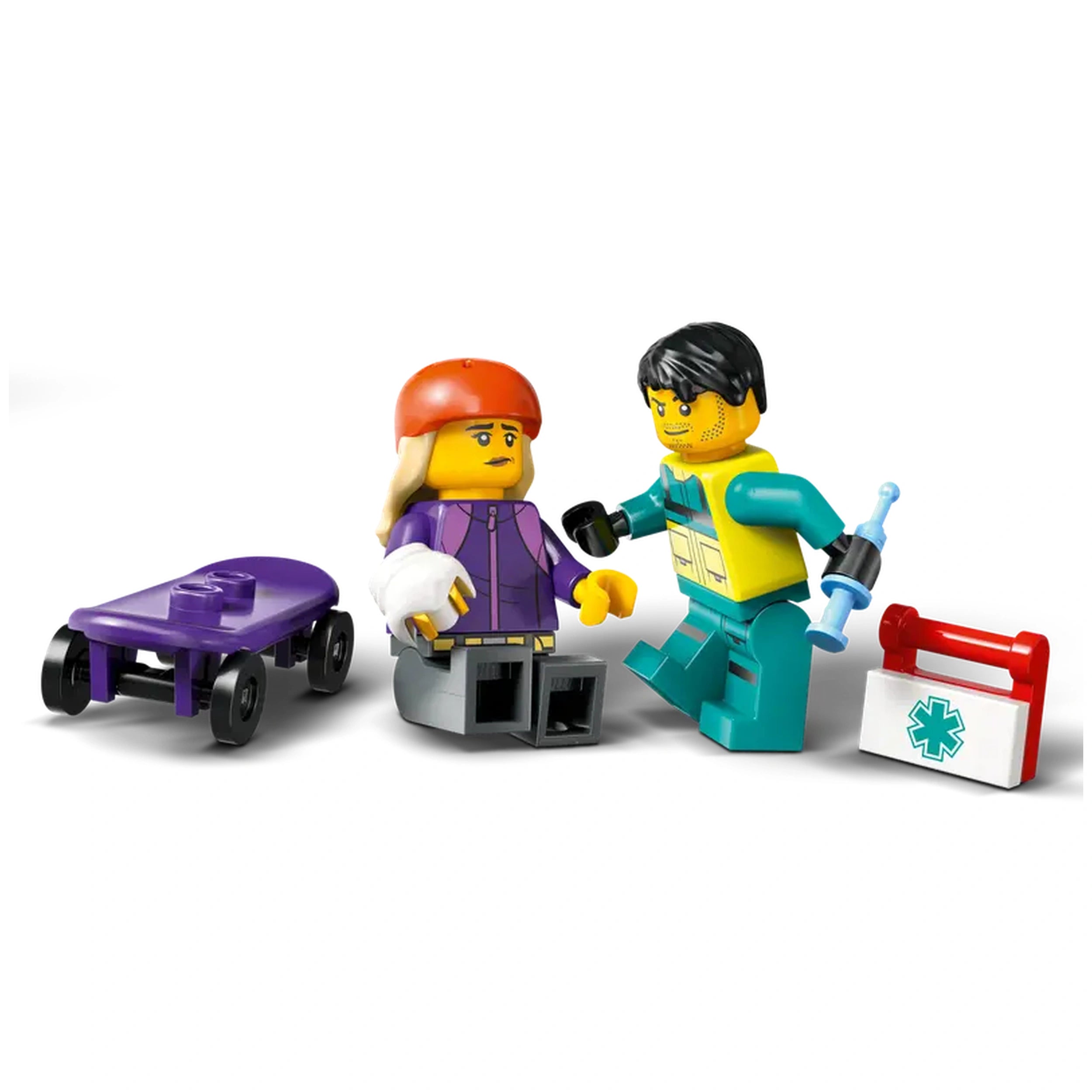 Paramedic minifigure in a teal and yellow outfit tending to a skateboarder girl, who wears a red helmet and a purple jacket. A purple skateboard and a medical bag with a red cross are nearby.