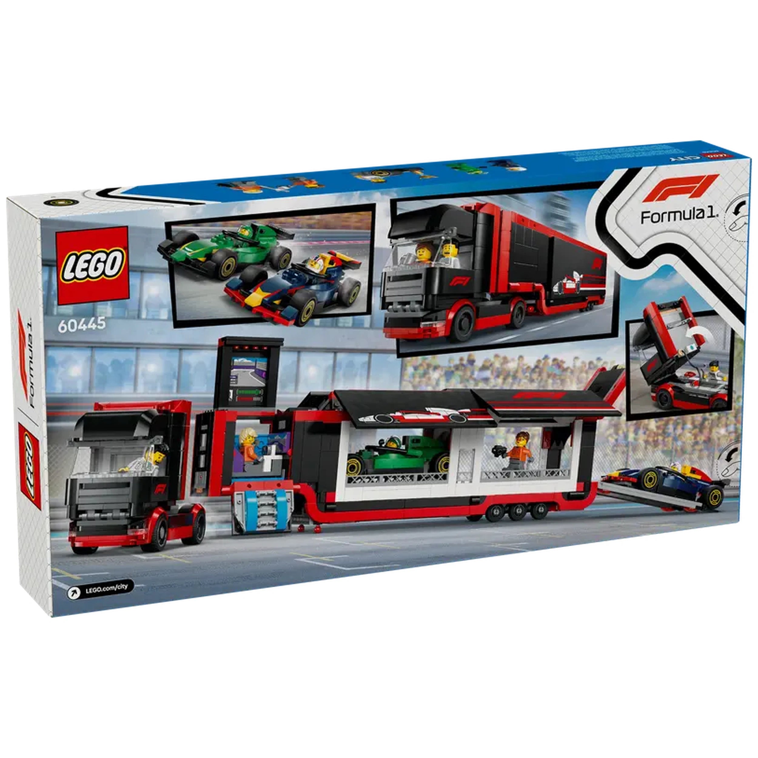 Lego City F1 Truck construction set featuring the RB20 and AMR24 F1 cars, with a detachable trailer and detailed design elements.