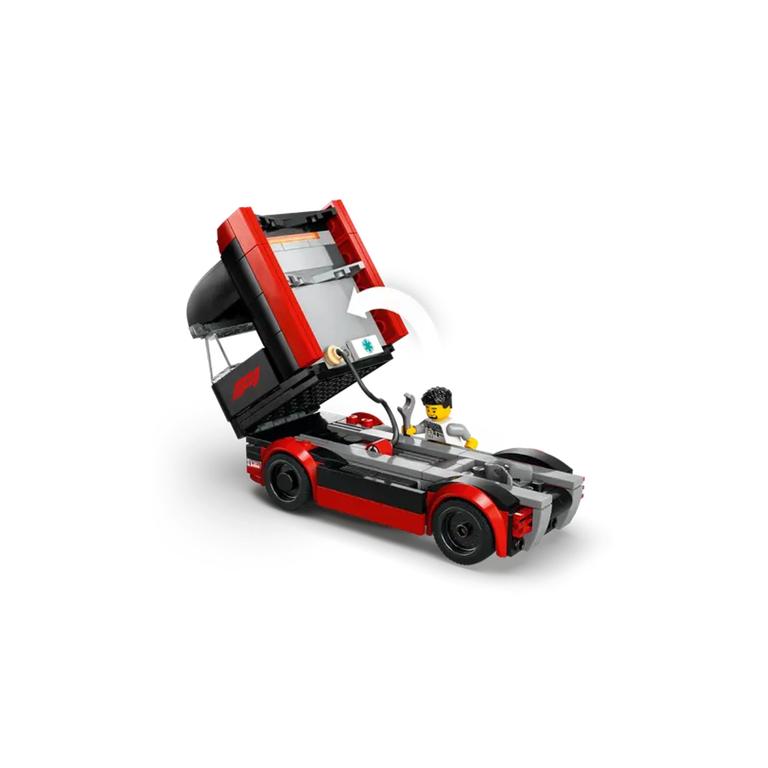 LEGO City F1 Truck with a red and black design, featuring a raiseable trailer and a minifigure holding a tool, ready for action.