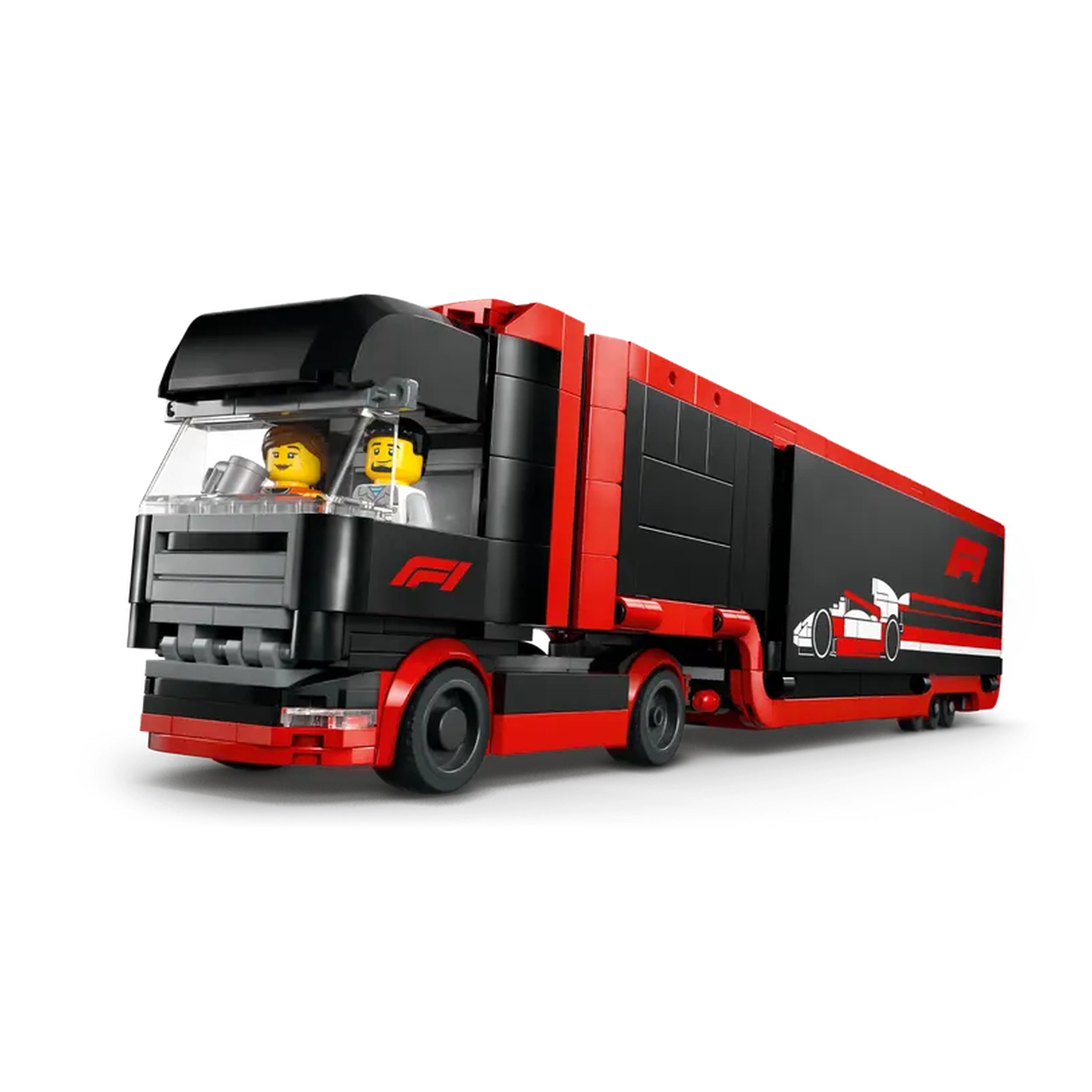 LEGO® City F1® Truck in red and black, featuring two mini-figures in the cab, showcasing a dynamic racing design.