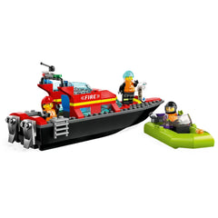 Lego City Fire Rescue Boat construction set featuring a large red fireboat and a green dinghy with three minifigures in action gear.