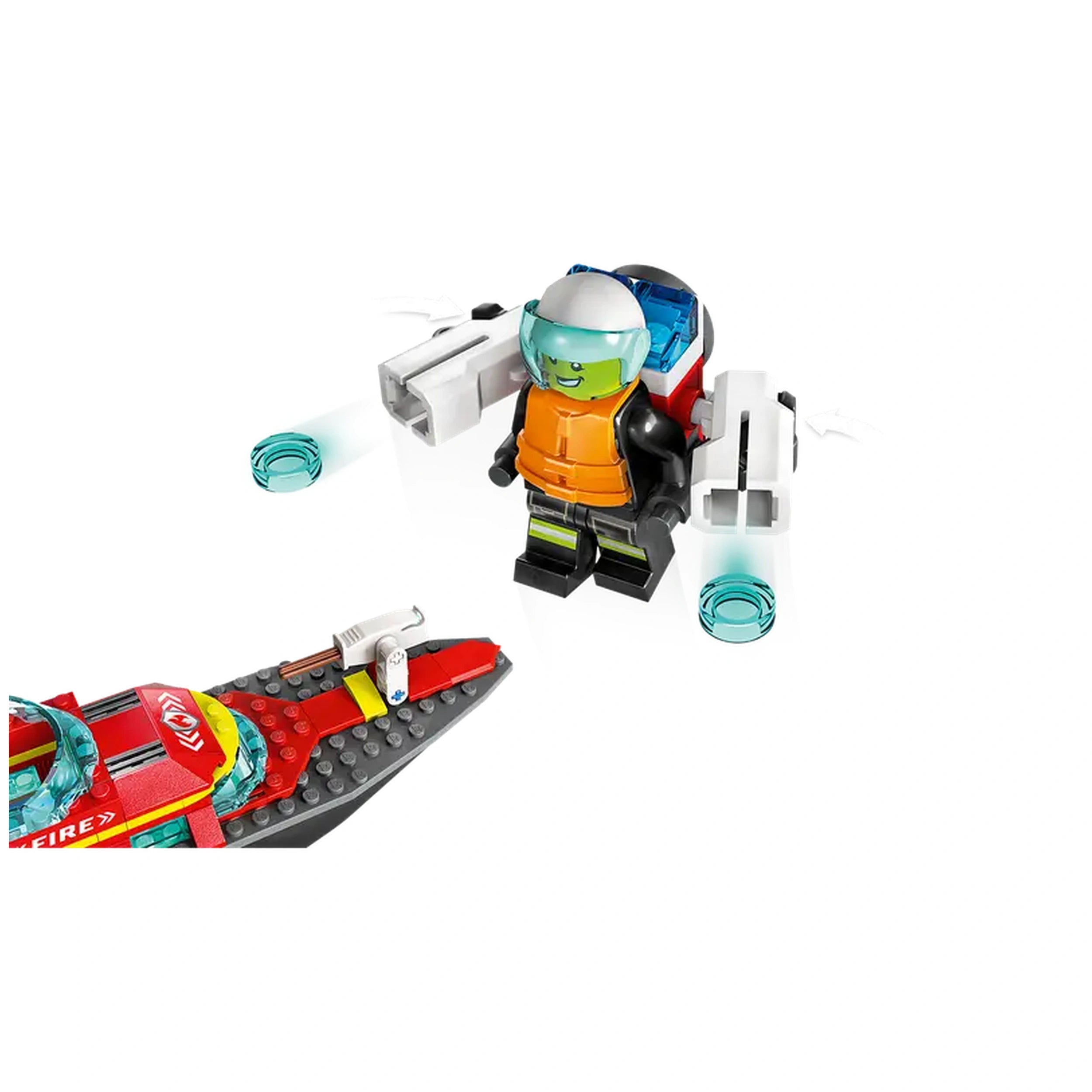 LEGO City Fire Rescue Boat set featuring a smiling firefighter minifigure in an orange vest with a jetpack, beside a red fireboat.