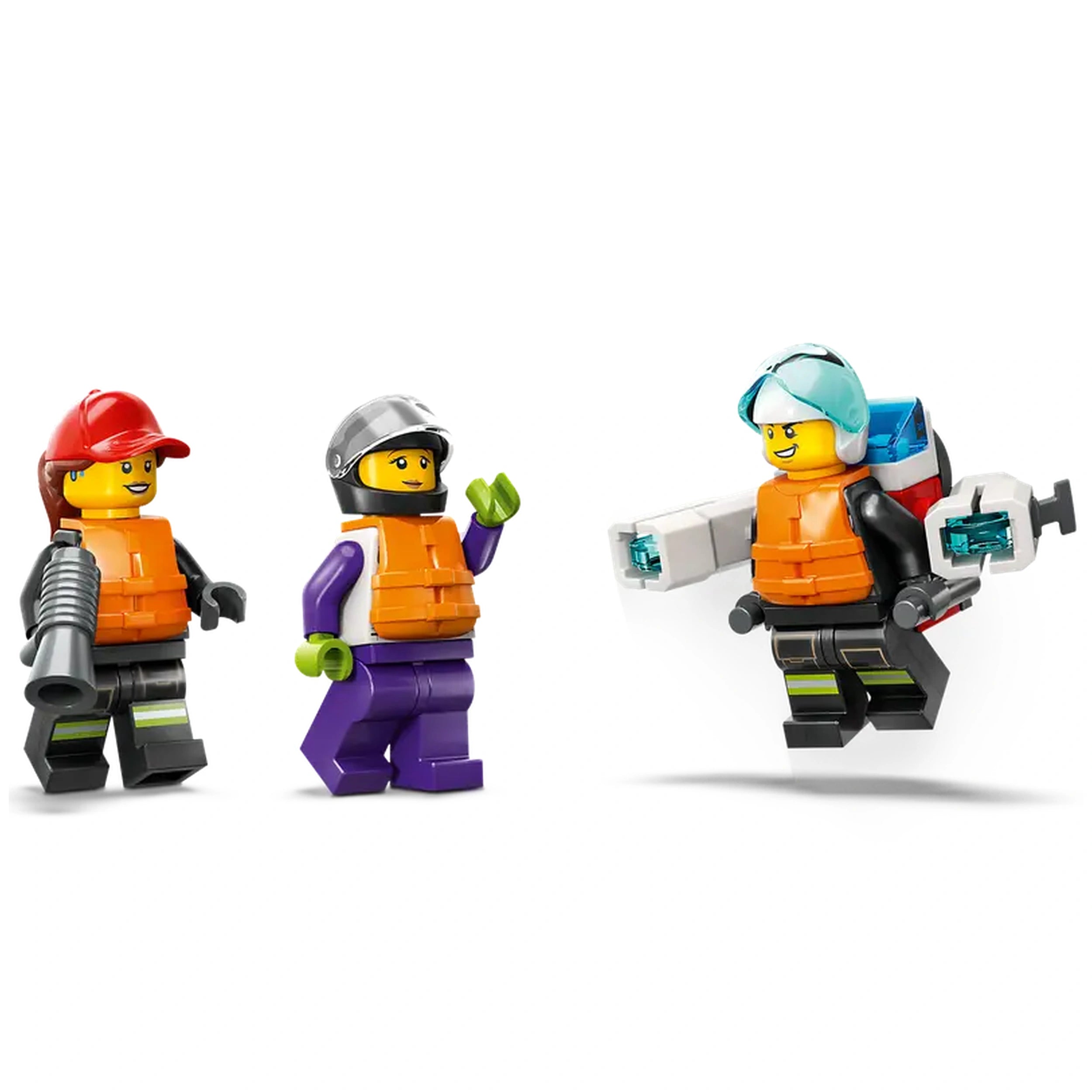 Three LEGO minifigures in firefighter gear, featuring orange vests, helmets, and accessories, including a water launcher and a jetpack.