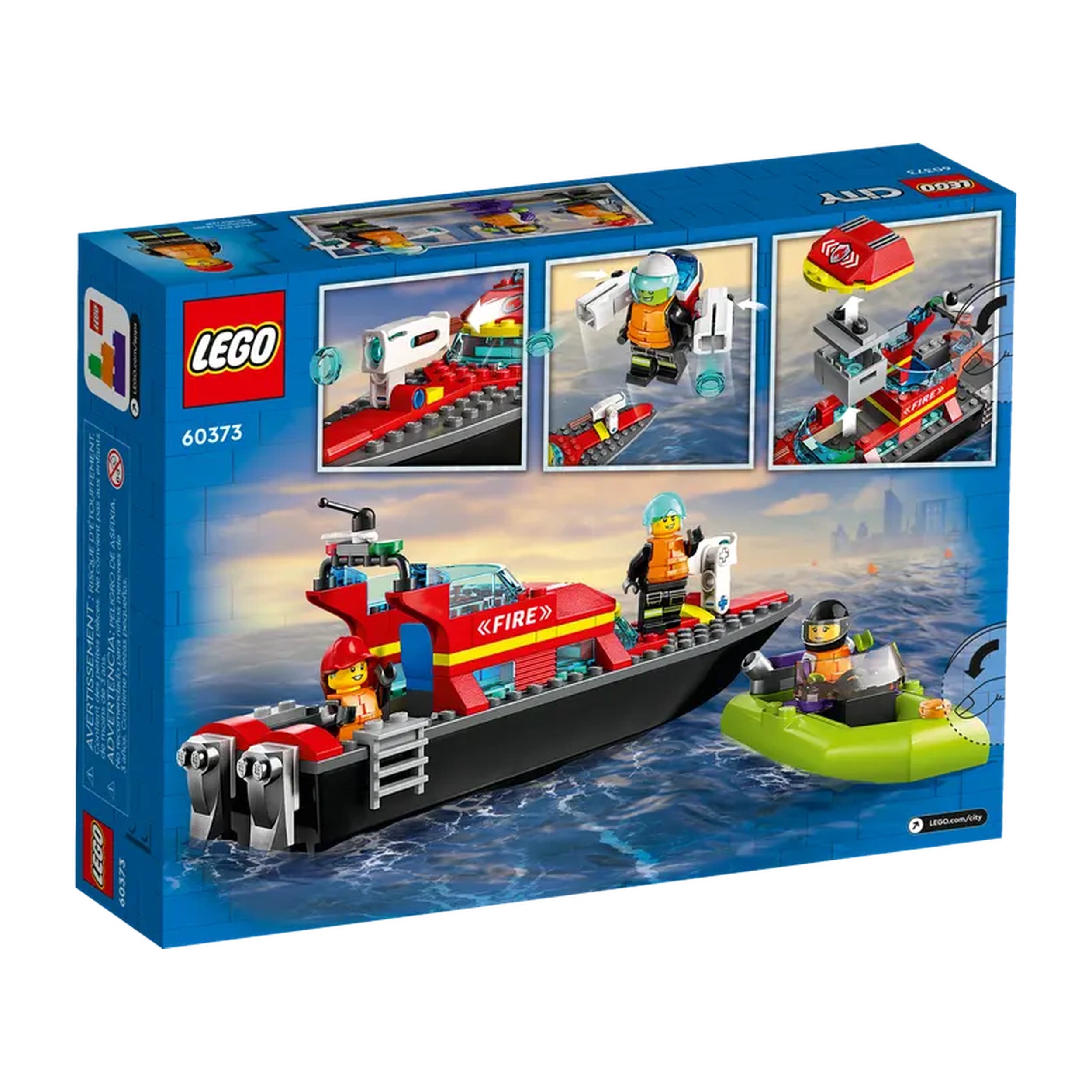 LEGO® City Fire Rescue Boat set featuring a red fireboat, speeding dinghy, and three minifigures in action-ready poses.
