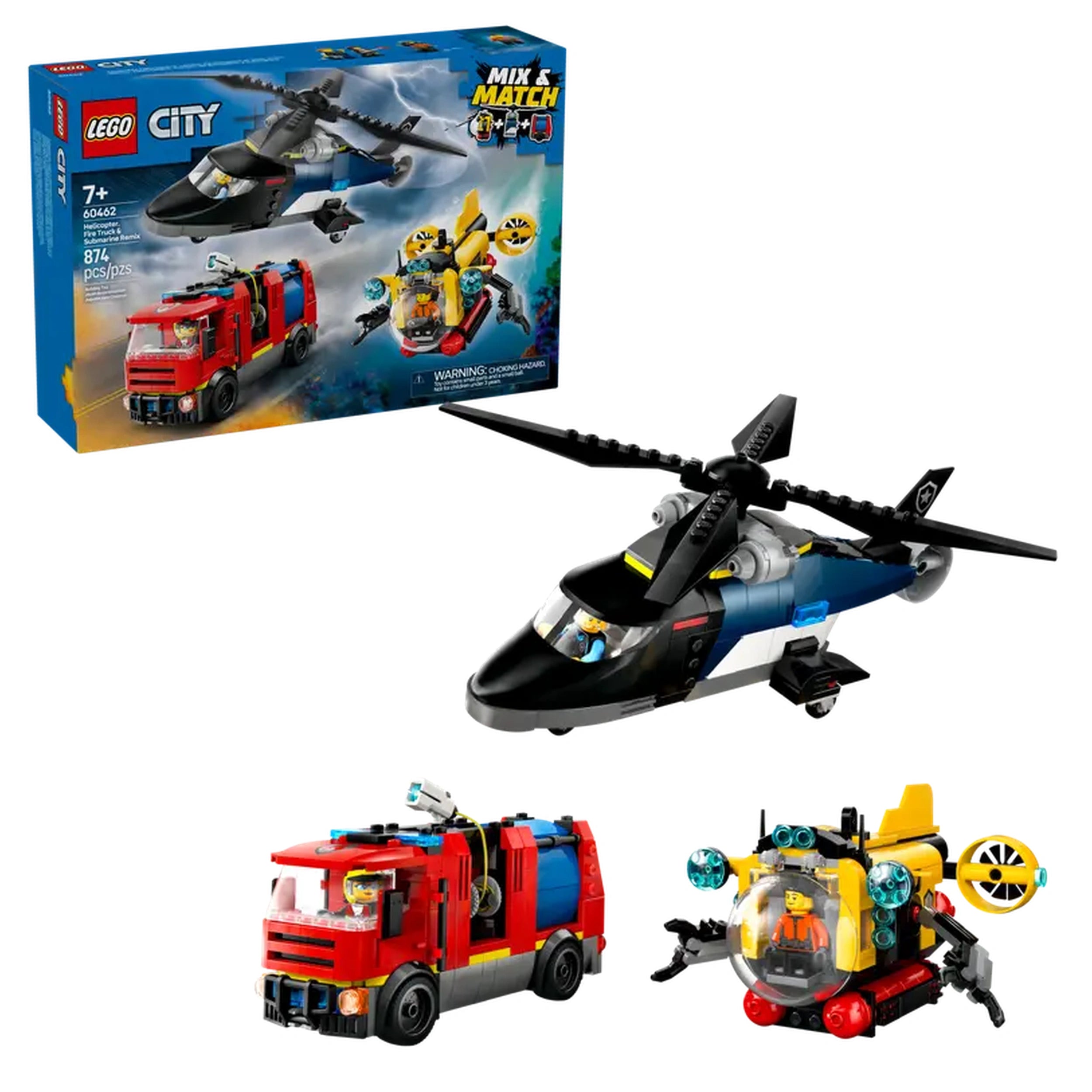 LEGO® City construction set featuring a black helicopter, red fire truck, and yellow submarine, ideal for imaginative play.