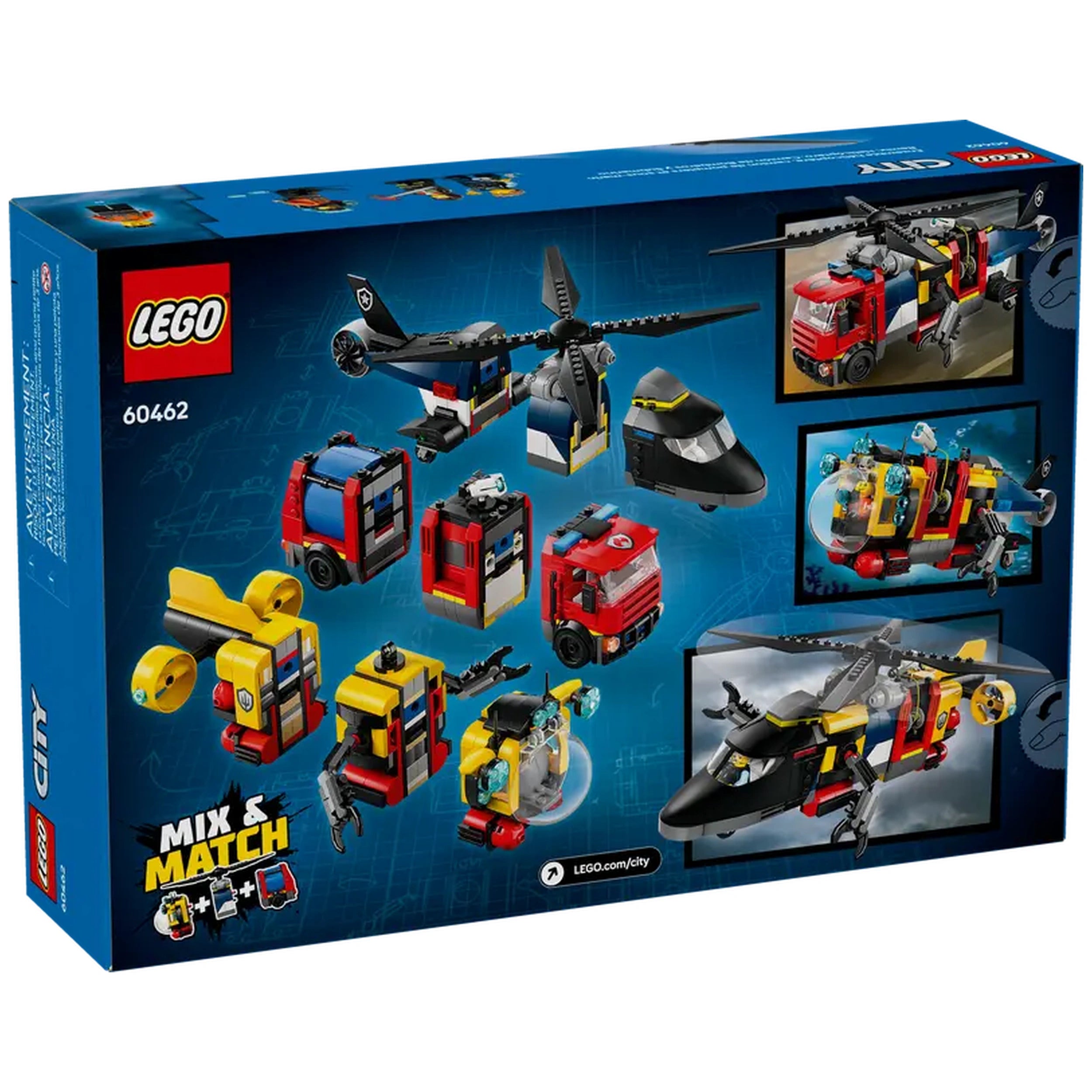 LEGO® City construction set featuring a police helicopter, fire truck, and exploration submarine, all in vibrant colors.