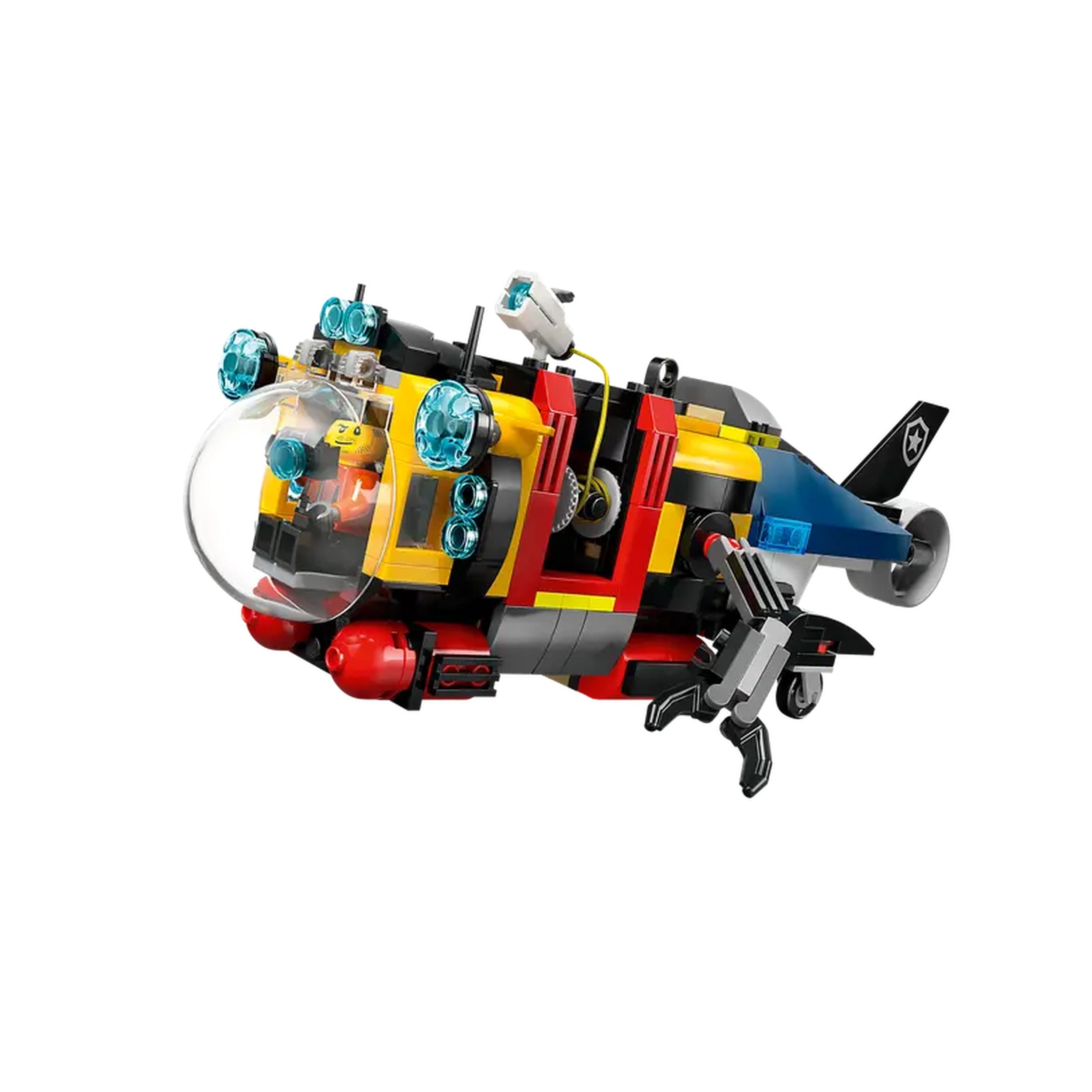 Exploration submarine toy in vibrant colors, featuring a bubble cockpit, posable claw arms, and multiple blue lights.