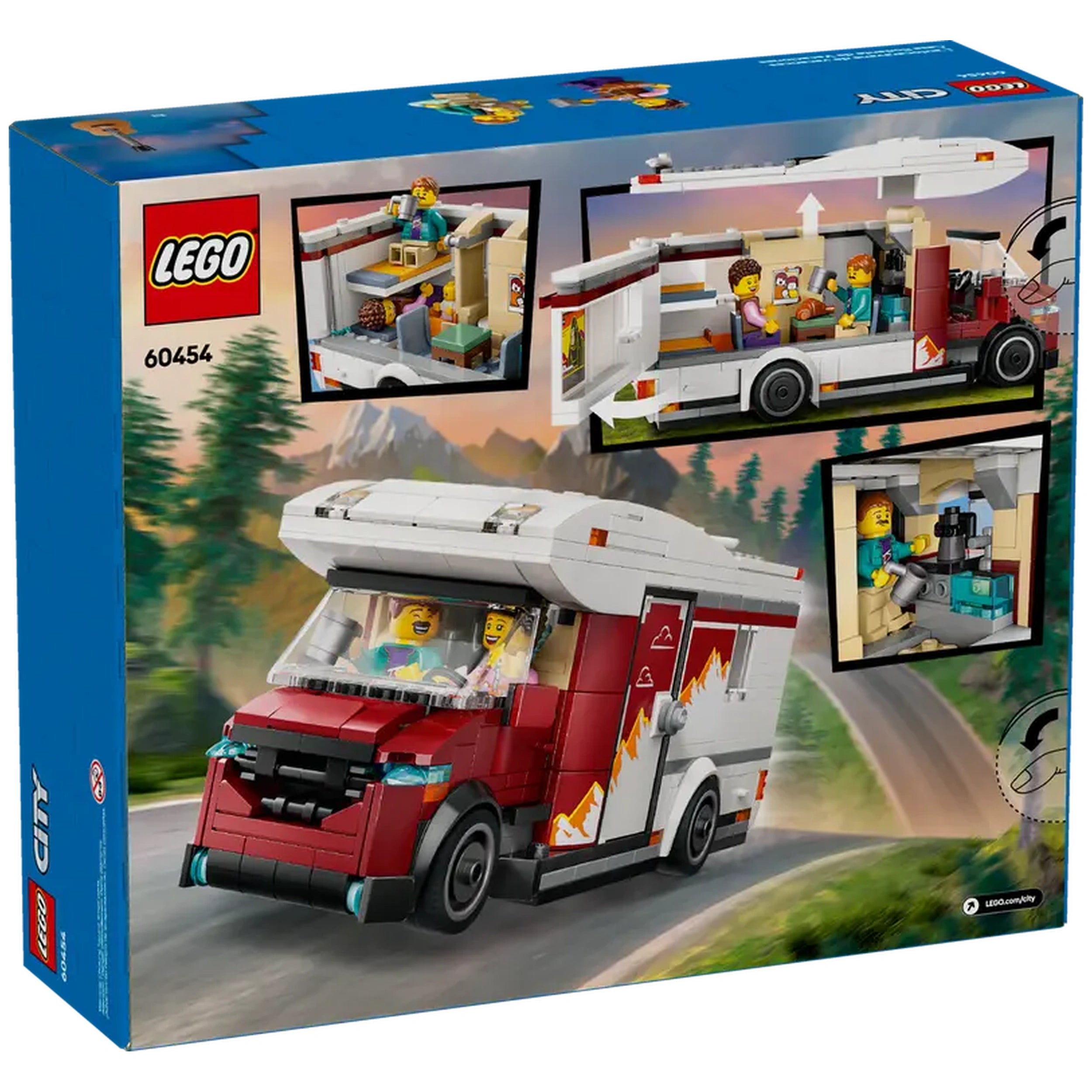 LEGO® City Holiday Adventure Camper Van set featuring vibrant red and white camper with smiling minifigures driving, surrounded by mountains.